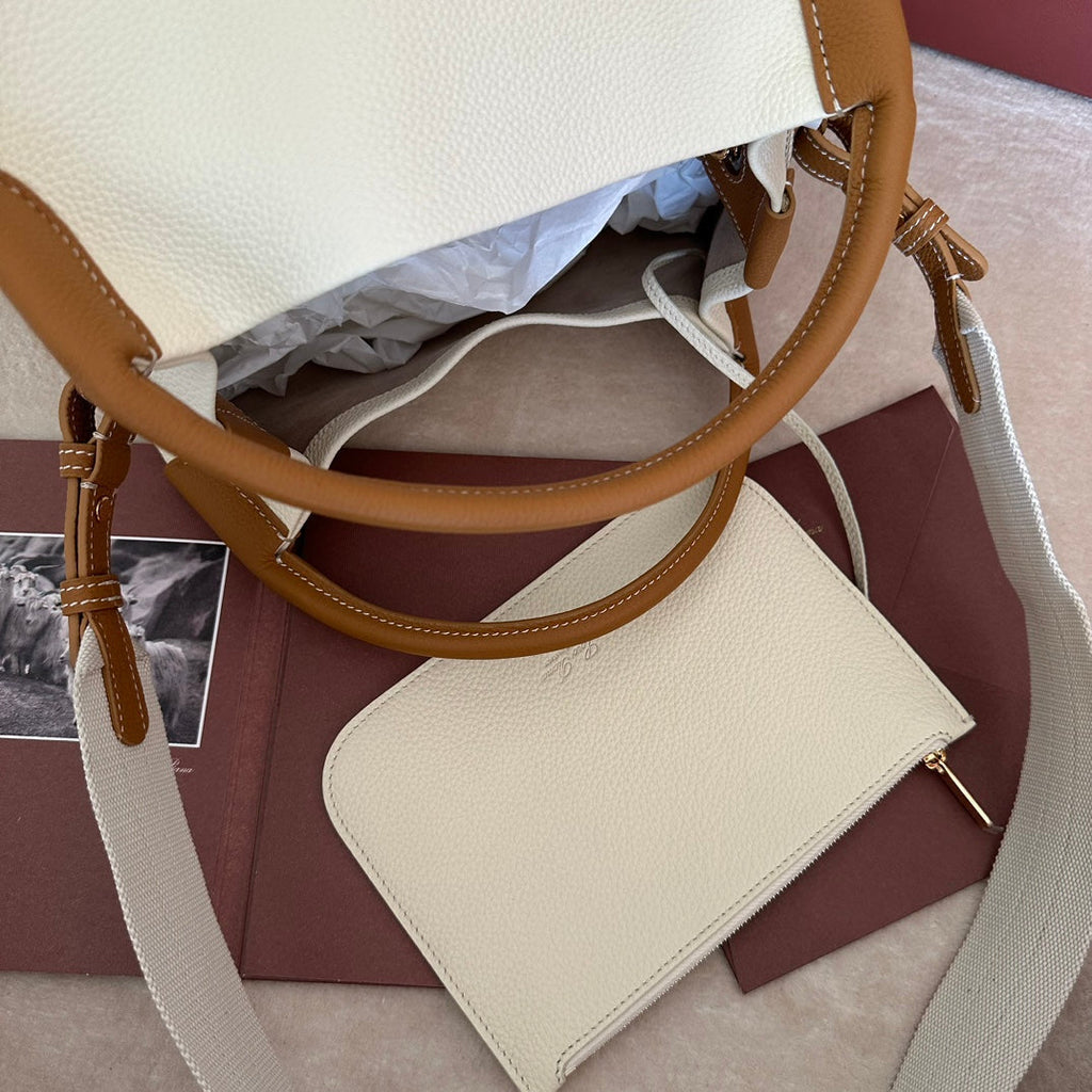 LORO PIANA MEDIUM 36 BAG IN WHITE MIX BRONZE BROWN CALFSKIN WITH GOLD HARDWARE