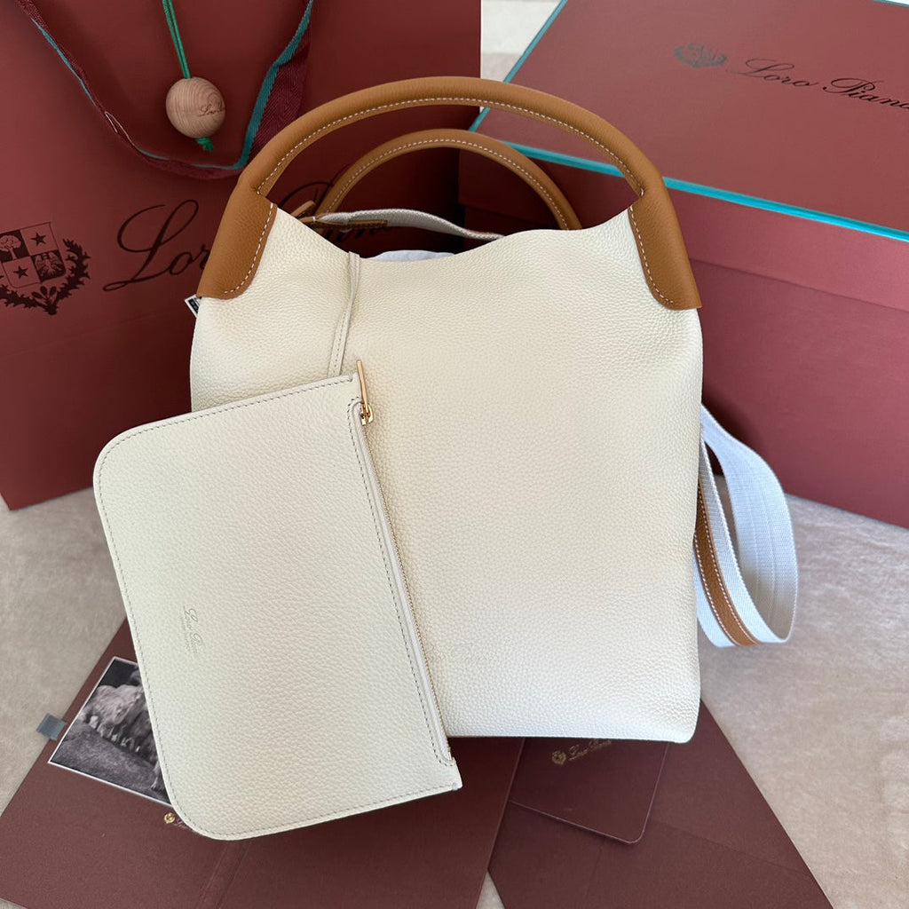 LORO PIANA MEDIUM 36 BAG IN WHITE MIX BRONZE BROWN CALFSKIN WITH GOLD HARDWARE
