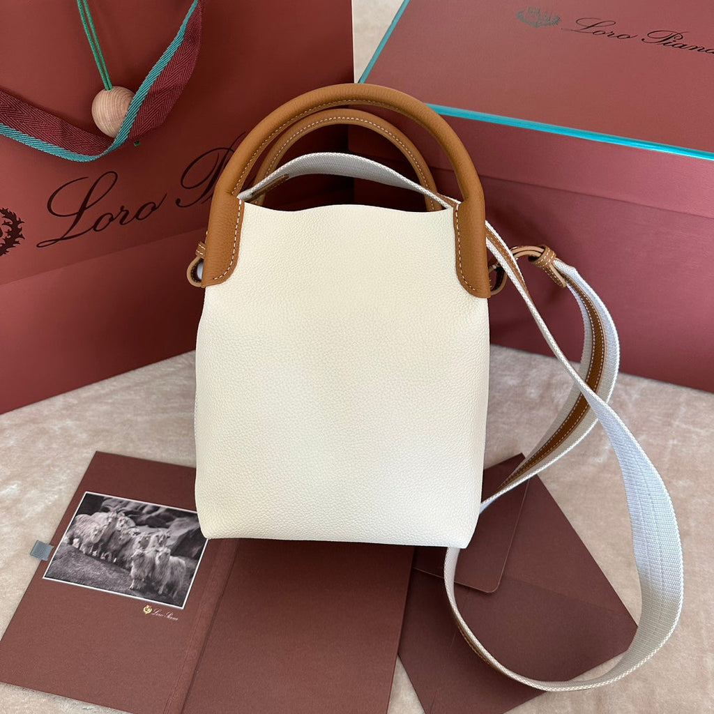LORO PIANA SMALL 21 BALE BAG IN WHITE MIX BRONZE BROWN GRAINED CALFSKIN