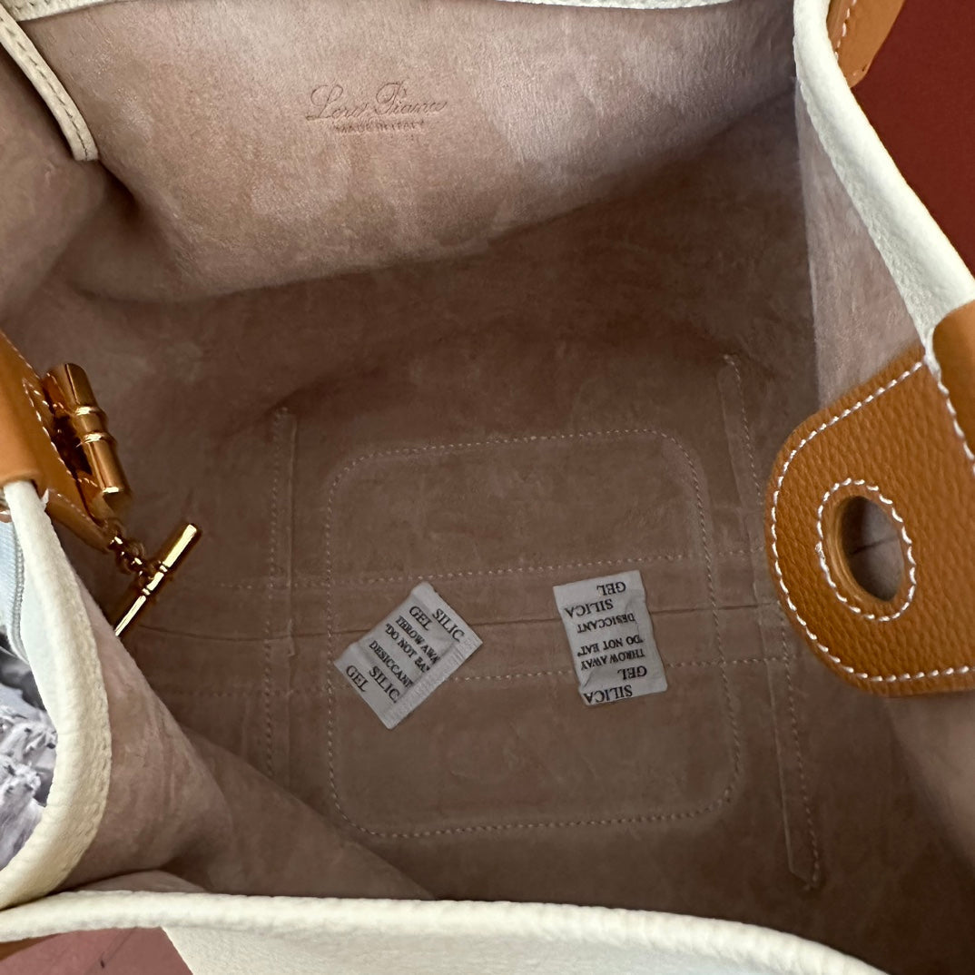 LORO PIANA SMALL 21 BALE BAG IN WHITE MIX BRONZE BROWN GRAINED CALFSKIN