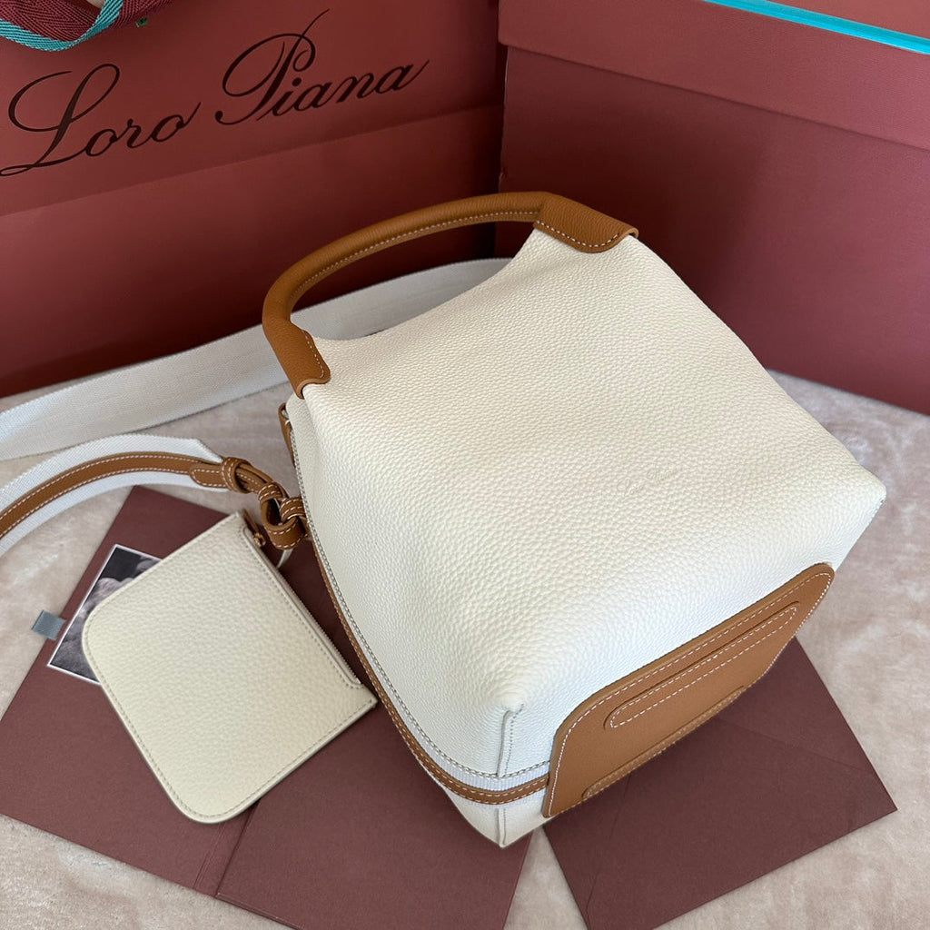 LORO PIANA SMALL 21 BALE BAG IN WHITE MIX BRONZE BROWN GRAINED CALFSKIN