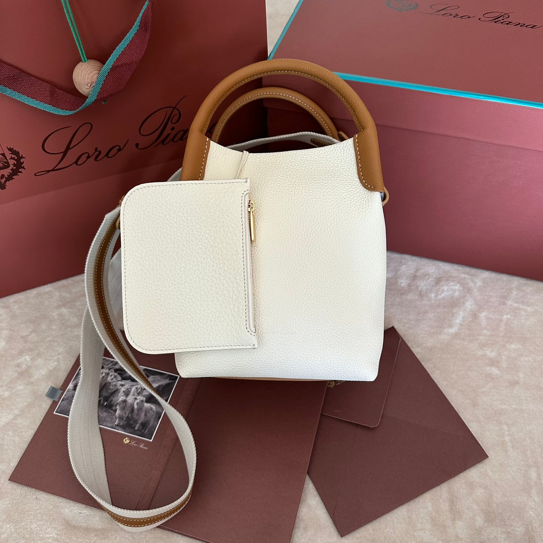 LORO PIANA SMALL 21 BALE BAG IN WHITE MIX BRONZE BROWN GRAINED CALFSKIN