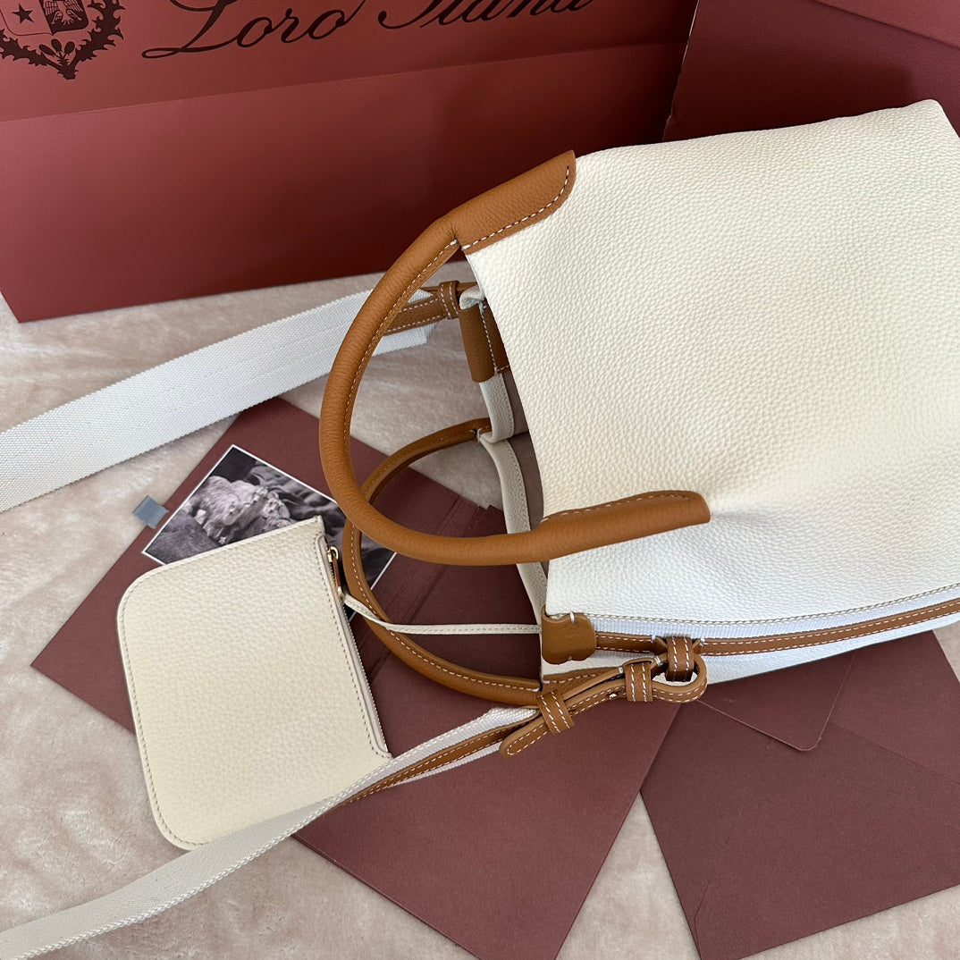 LORO PIANA SMALL 21 BALE BAG IN WHITE MIX BRONZE BROWN GRAINED CALFSKIN