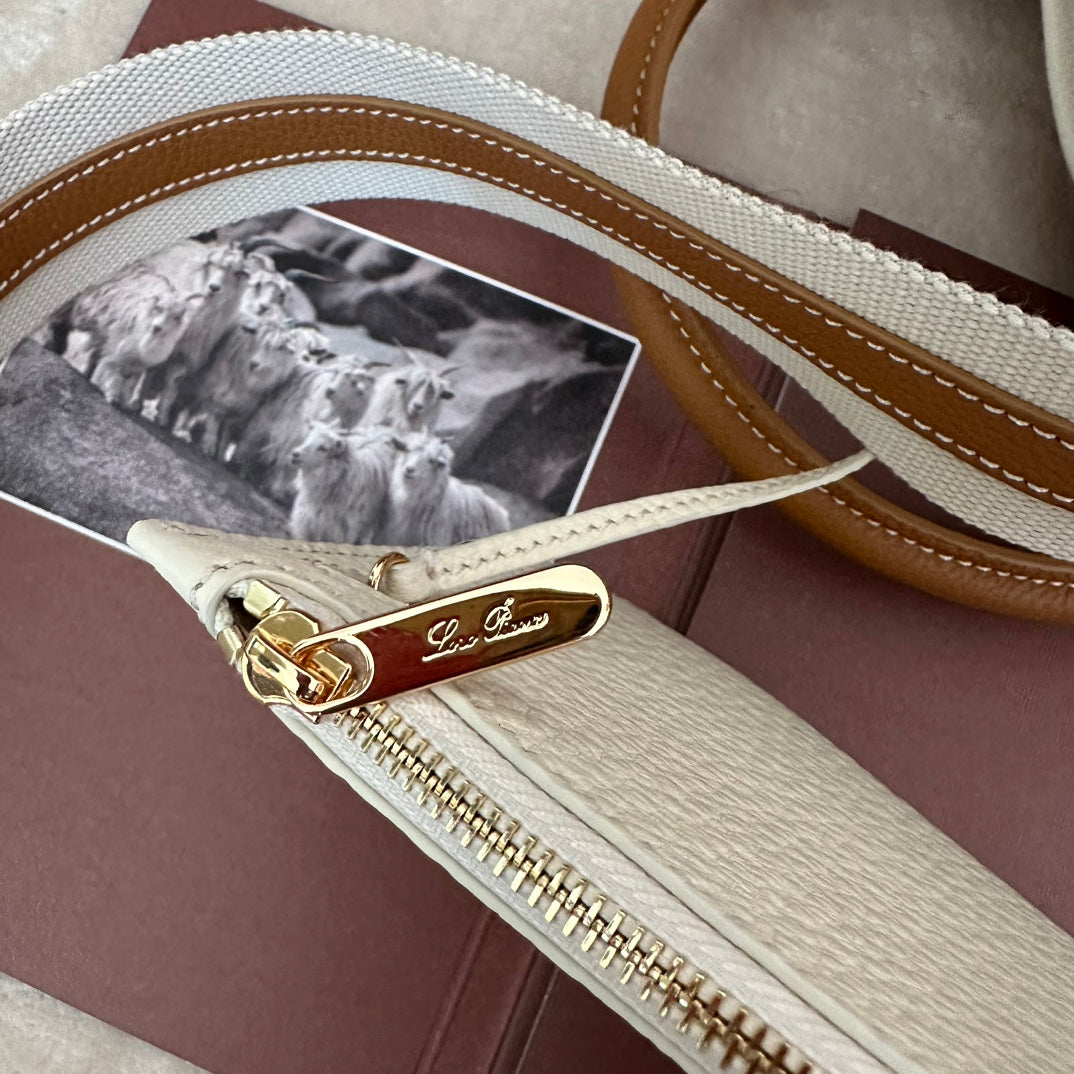 LORO PIANA SMALL 21 BALE BAG IN WHITE MIX BRONZE BROWN GRAINED CALFSKIN