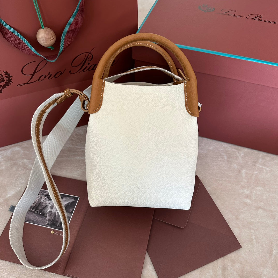LORO PIANA SMALL 21 BALE BAG IN WHITE MIX BRONZE BROWN GRAINED CALFSKIN