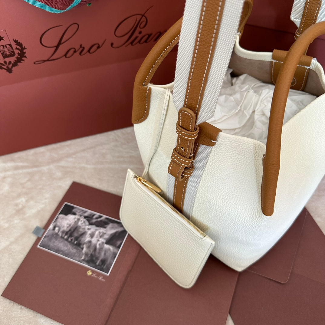 LORO PIANA SMALL 21 BALE BAG IN WHITE MIX BRONZE BROWN GRAINED CALFSKIN