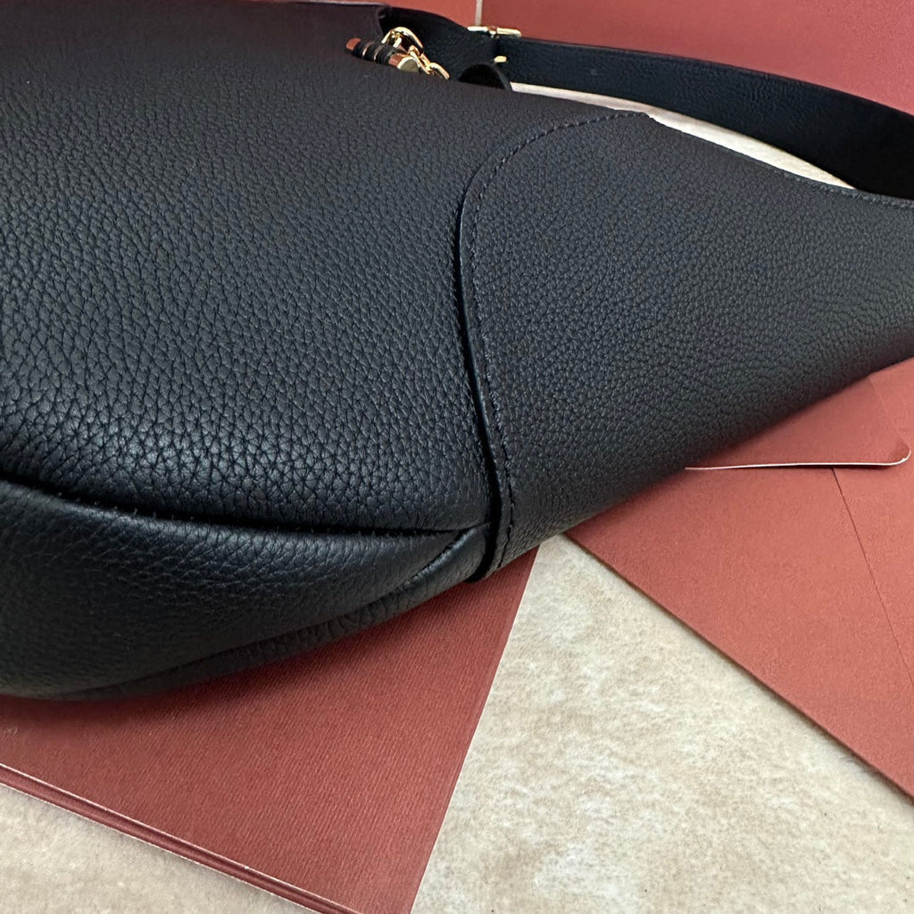 LORO PIANA BOBBIN SHOULDER BAG 32 IN BLACK CALFSKIN WITH GOLD HARDWARE