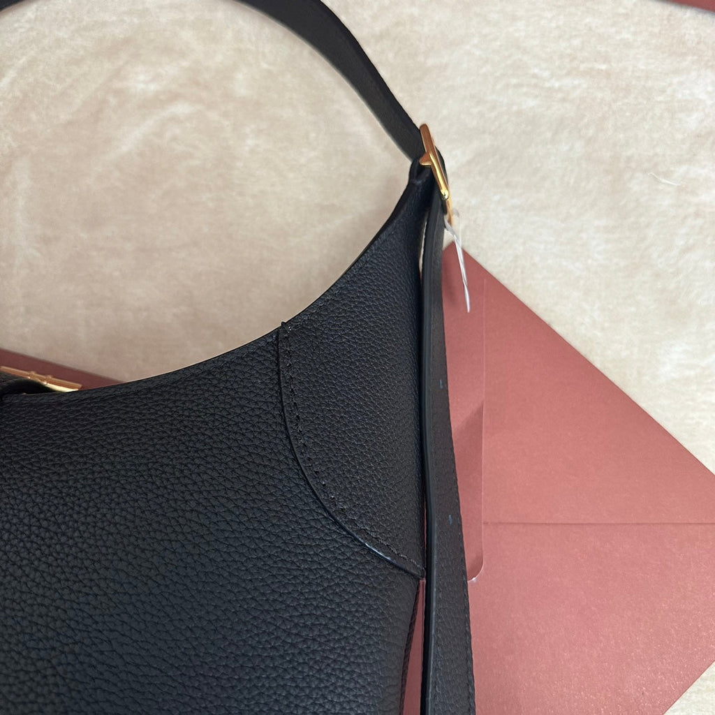 LORO PIANA BOBBIN SHOULDER BAG 32 IN BLACK CALFSKIN WITH GOLD HARDWARE
