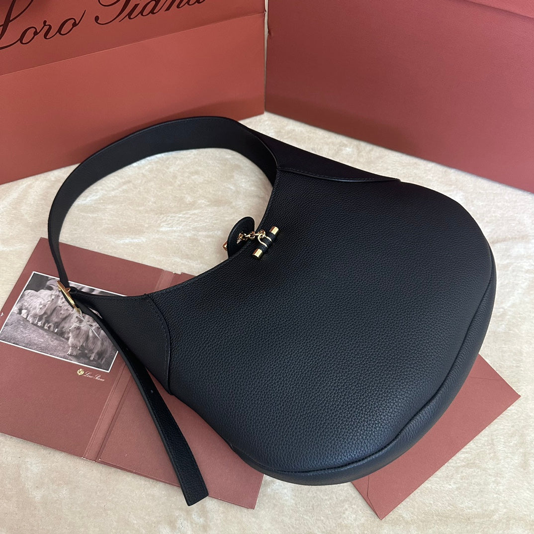 LORO PIANA BOBBIN SHOULDER BAG 32 IN BLACK CALFSKIN WITH GOLD HARDWARE