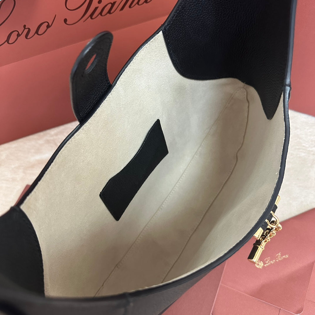 LORO PIANA BOBBIN SHOULDER BAG 32 IN BLACK CALFSKIN WITH GOLD HARDWARE