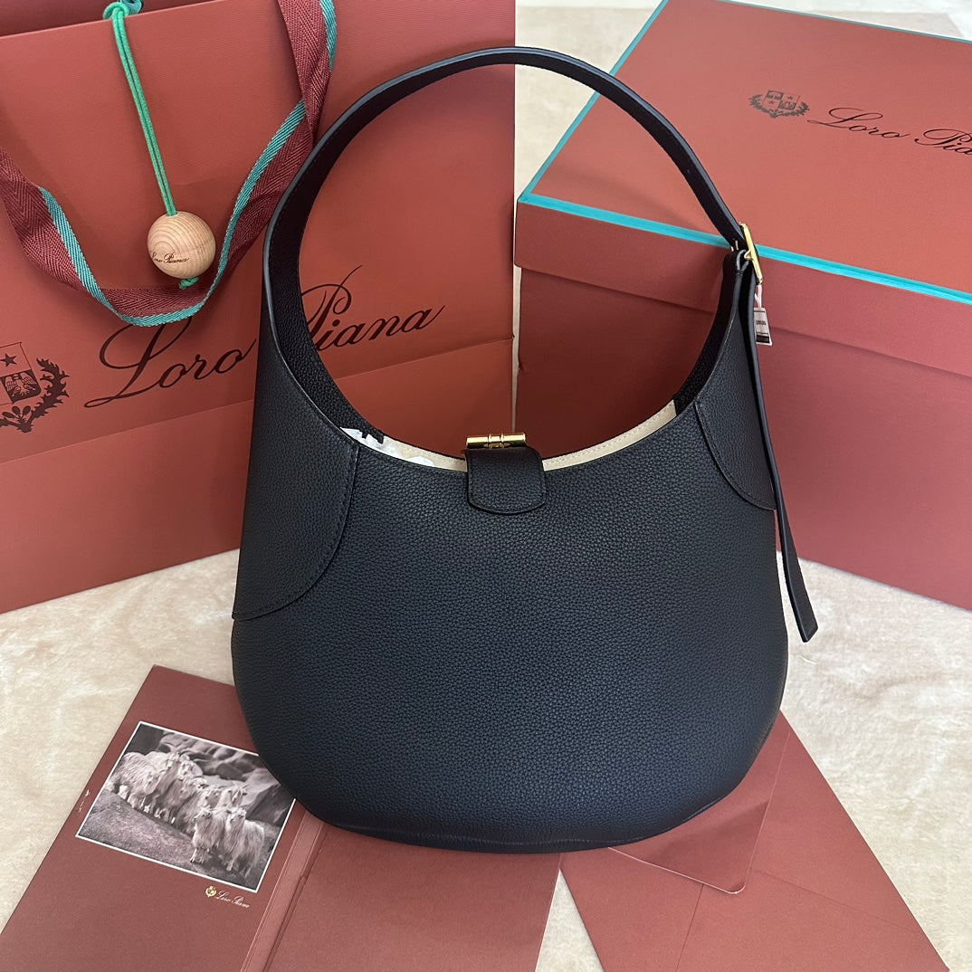 LORO PIANA BOBBIN SHOULDER BAG 32 IN BLACK CALFSKIN WITH GOLD HARDWARE