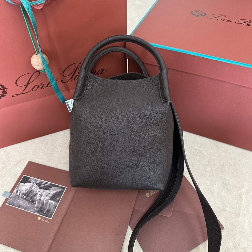 LORO PIANA SMALL 21 BALE BAG IN DARK BROWN GRAINED CALFSKIN