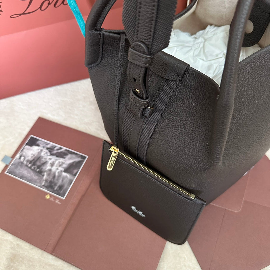 LORO PIANA SMALL 21 BALE BAG IN DARK BROWN GRAINED CALFSKIN