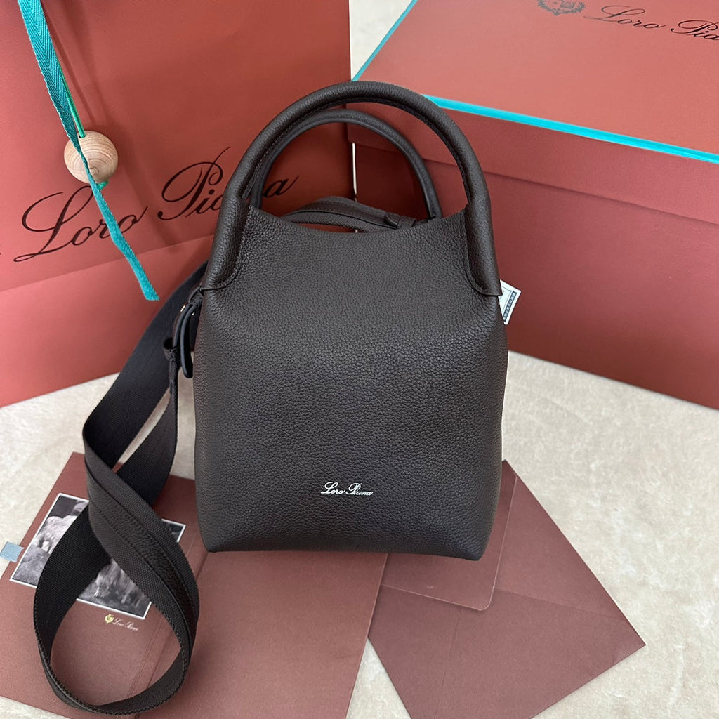 LORO PIANA SMALL 21 BALE BAG IN DARK BROWN GRAINED CALFSKIN