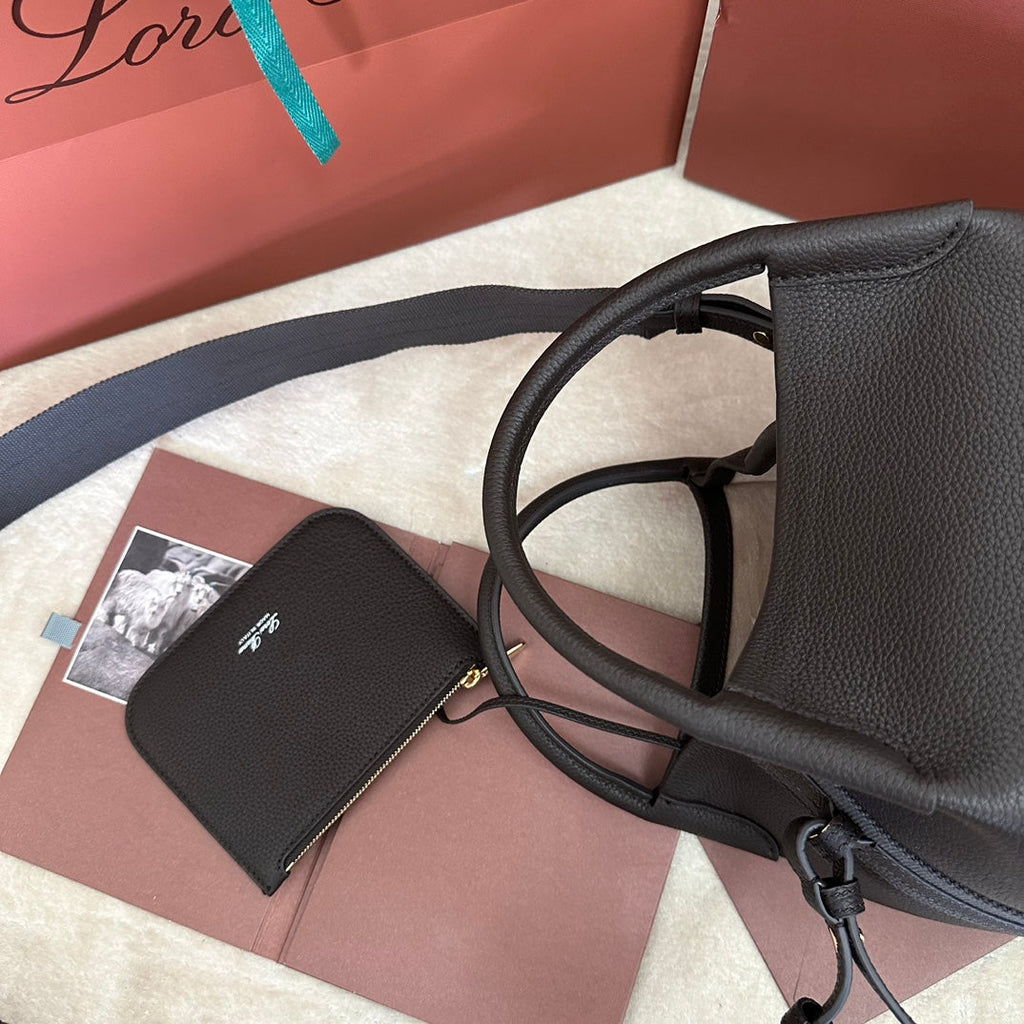 LORO PIANA SMALL 21 BALE BAG IN DARK BROWN GRAINED CALFSKIN