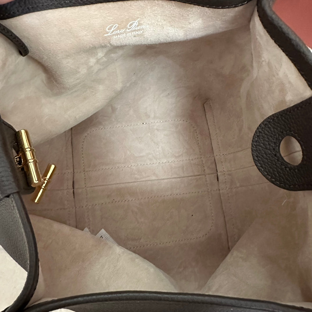 LORO PIANA SMALL 21 BALE BAG IN DARK BROWN GRAINED CALFSKIN