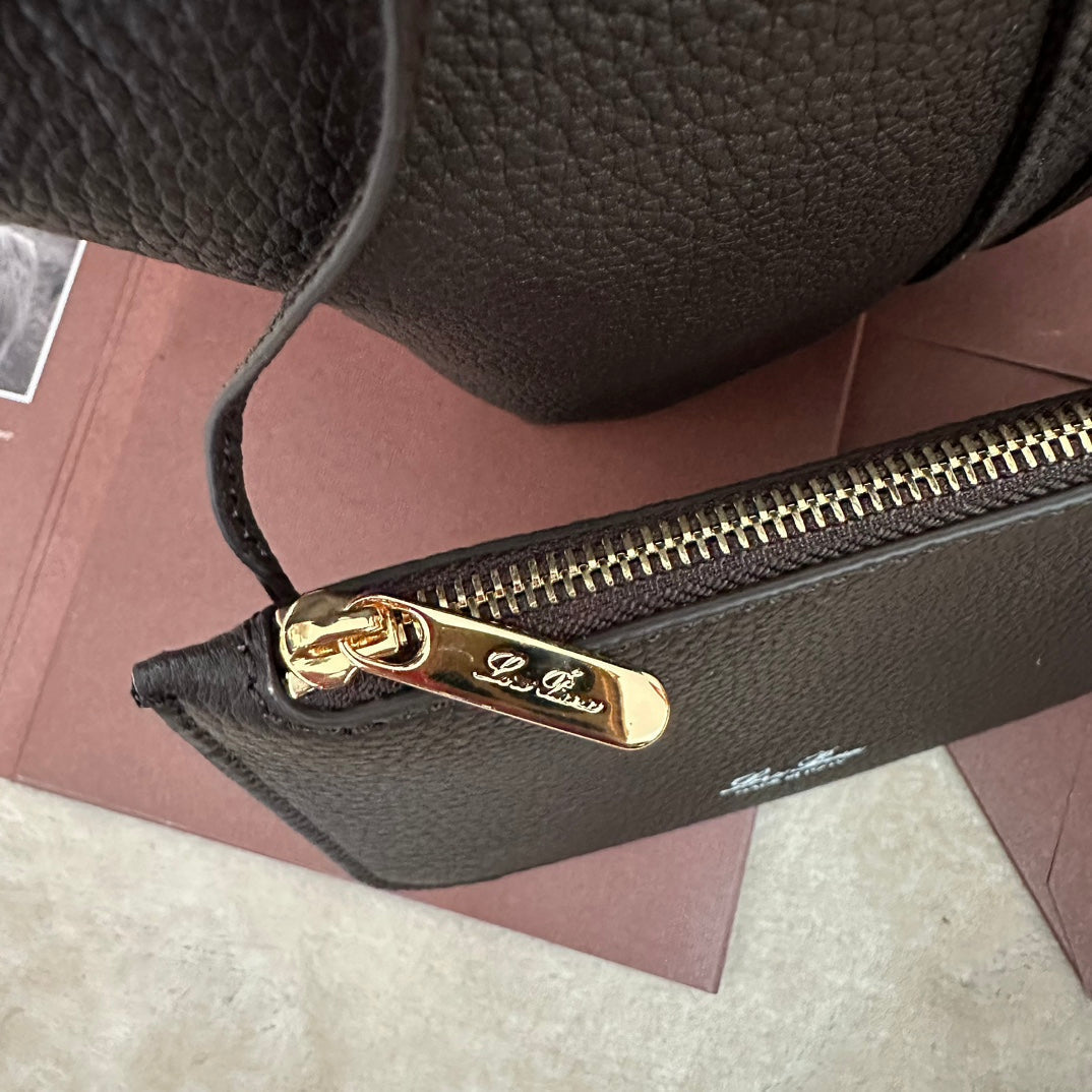 LORO PIANA SMALL 21 BALE BAG IN DARK BROWN GRAINED CALFSKIN