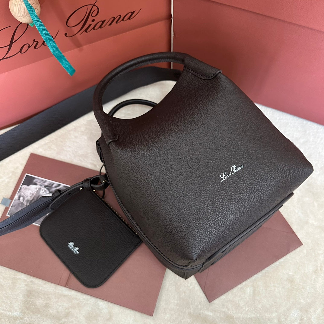 LORO PIANA SMALL 21 BALE BAG IN DARK BROWN GRAINED CALFSKIN