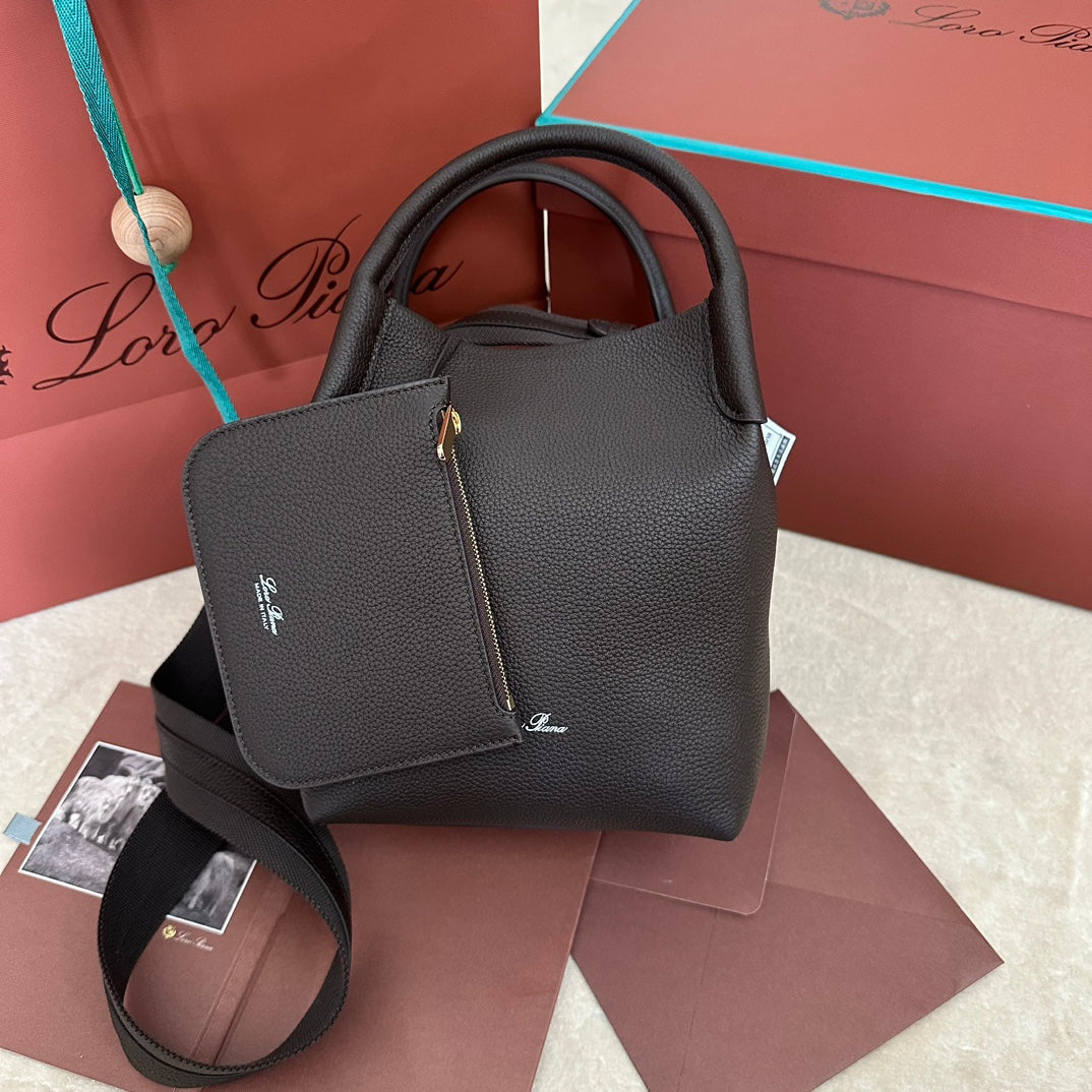 LORO PIANA SMALL 21 BALE BAG IN DARK BROWN GRAINED CALFSKIN