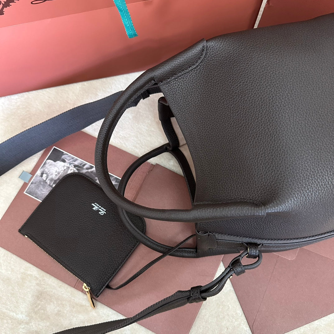 LORO PIANA SMALL 21 BALE BAG IN DARK BROWN GRAINED CALFSKIN