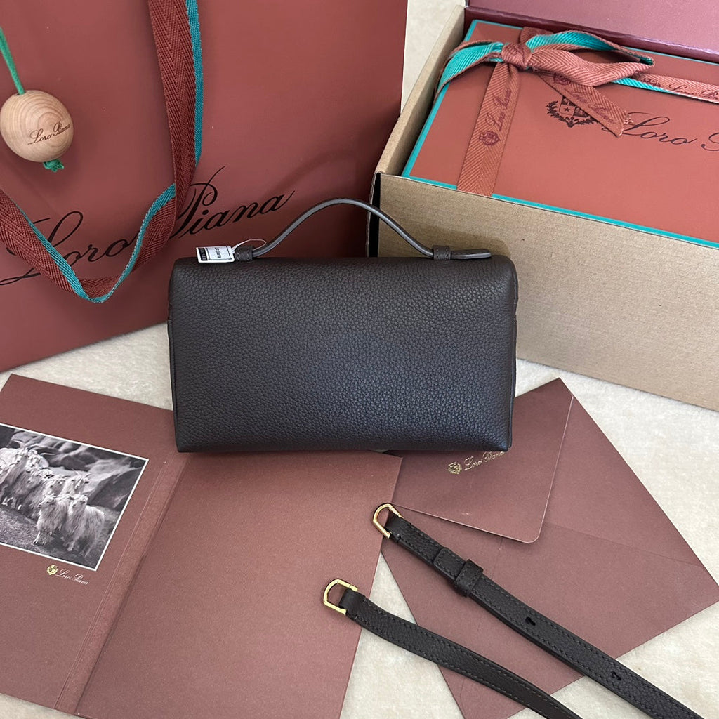 LORO PIANA EXTRA POCKET L19 IN DARK BROWN CALFSKIN WITH GOLD HARDWARE