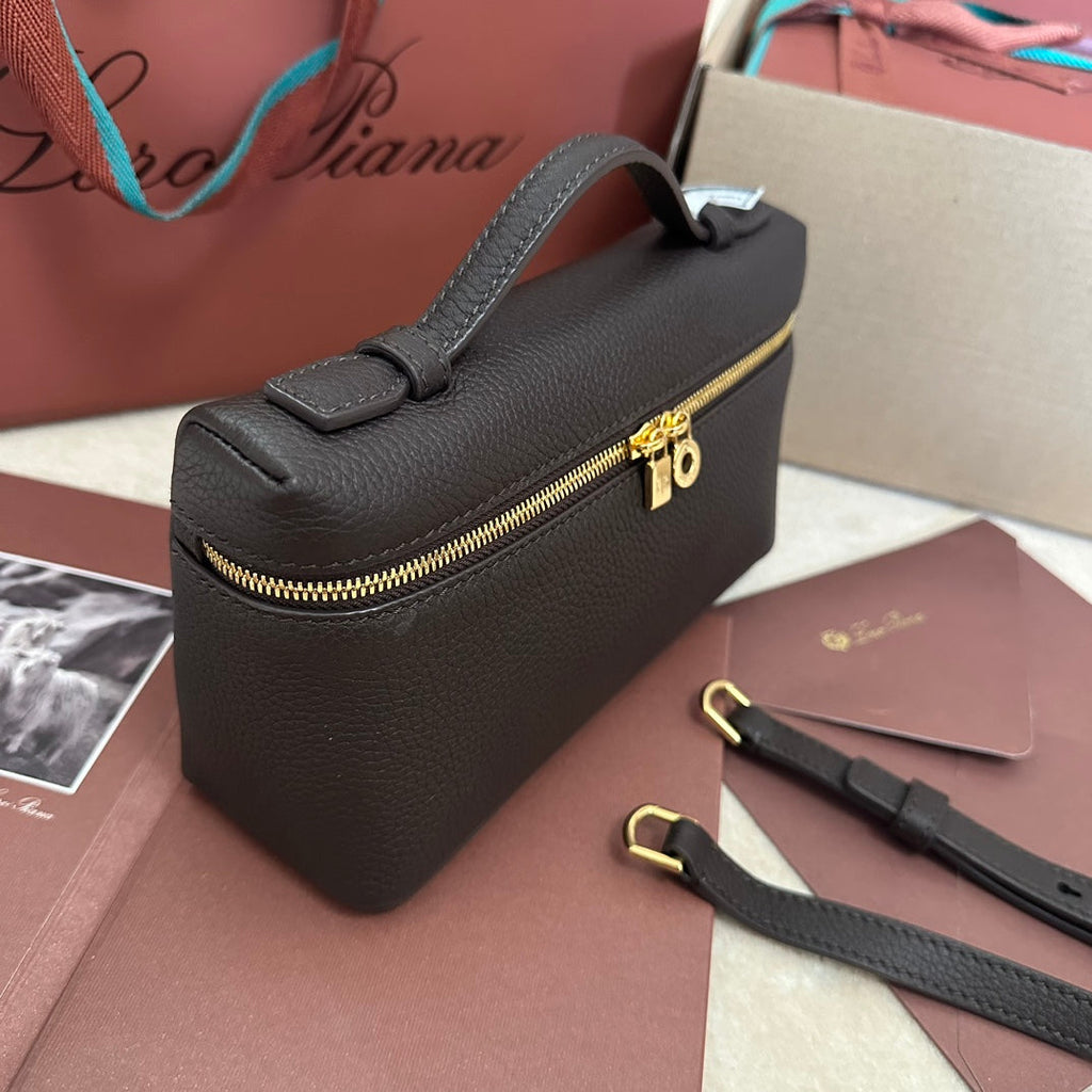 LORO PIANA EXTRA POCKET L19 IN DARK BROWN CALFSKIN WITH GOLD HARDWARE