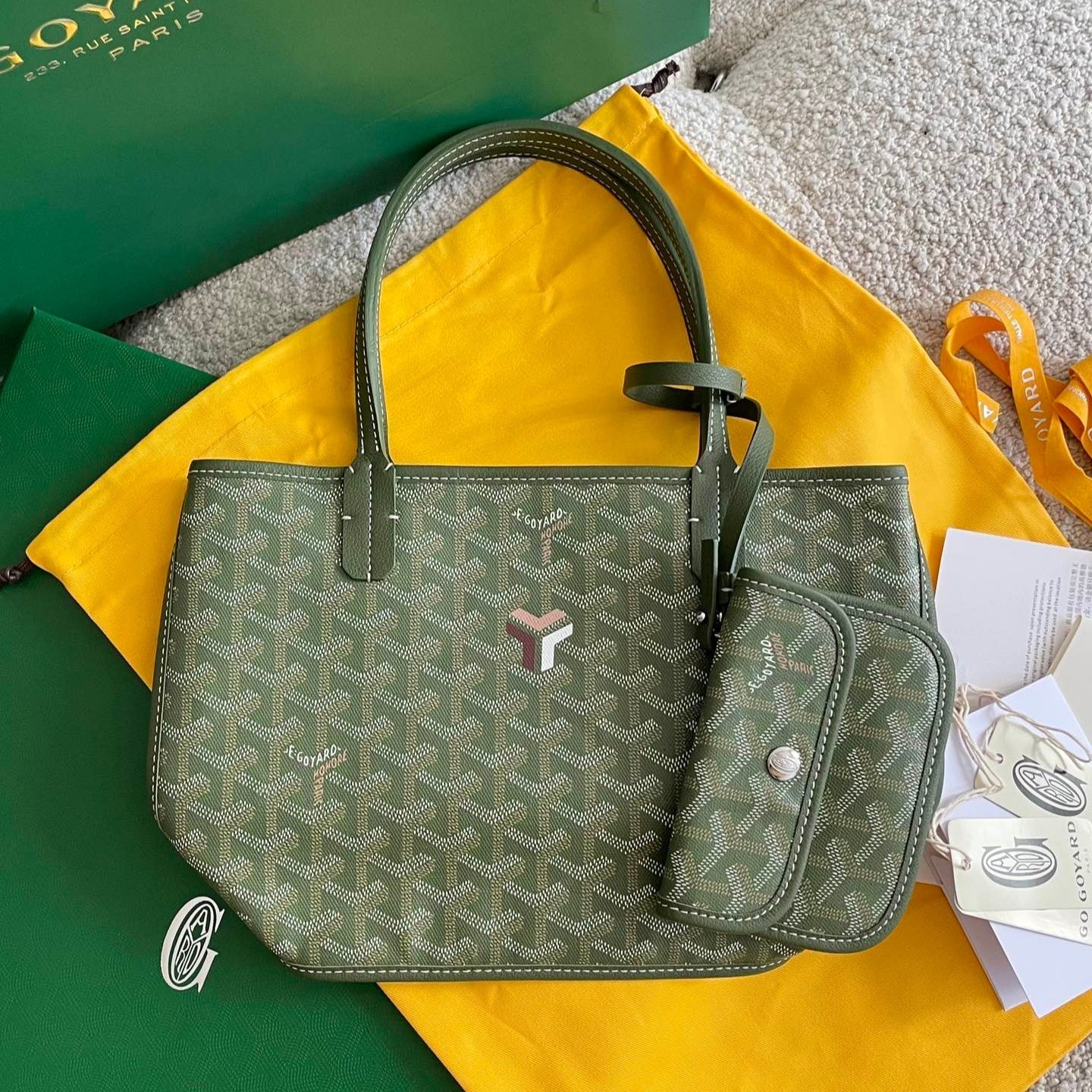 GOYARD ANJOU MINI BAG 20 IN WOODLAND GREEN GOYARDINE CANVAS AND CALFSKIN