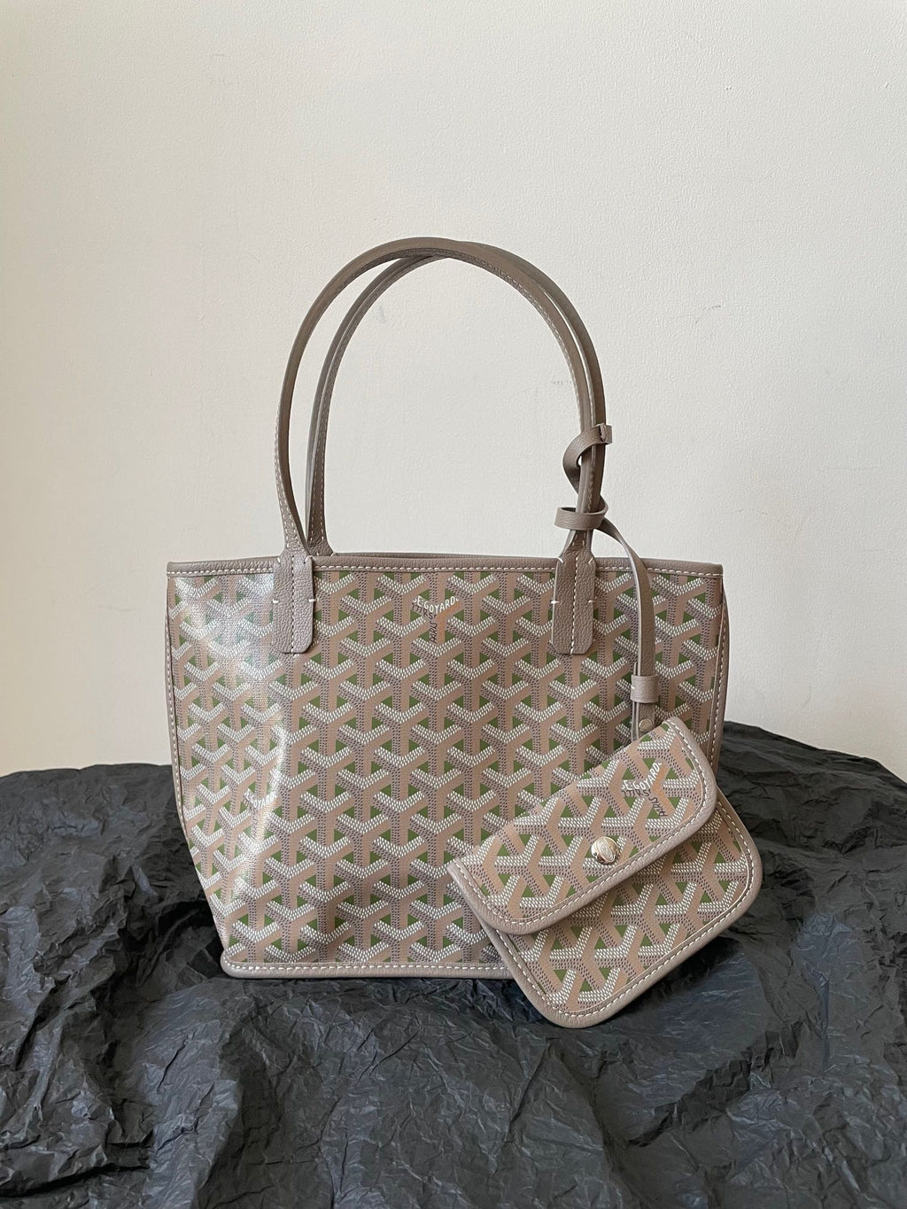GOYARD ANJOU MINI BAG 20 IN GREY MIX GREEN GOYARDINE CANVAS AND CALFSKIN