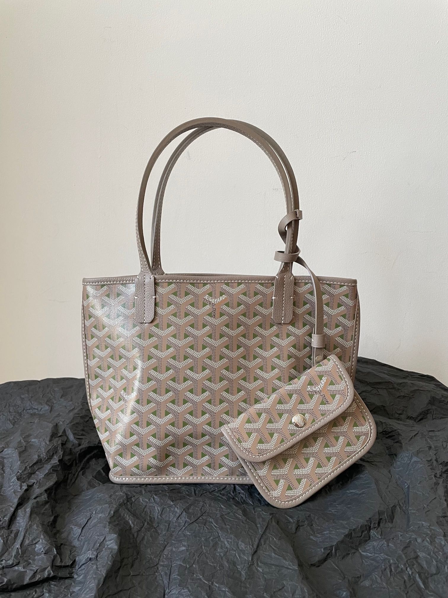 GOYARD ANJOU MINI BAG 20 IN GREY MIX GREEN GOYARDINE CANVAS AND CALFSKIN