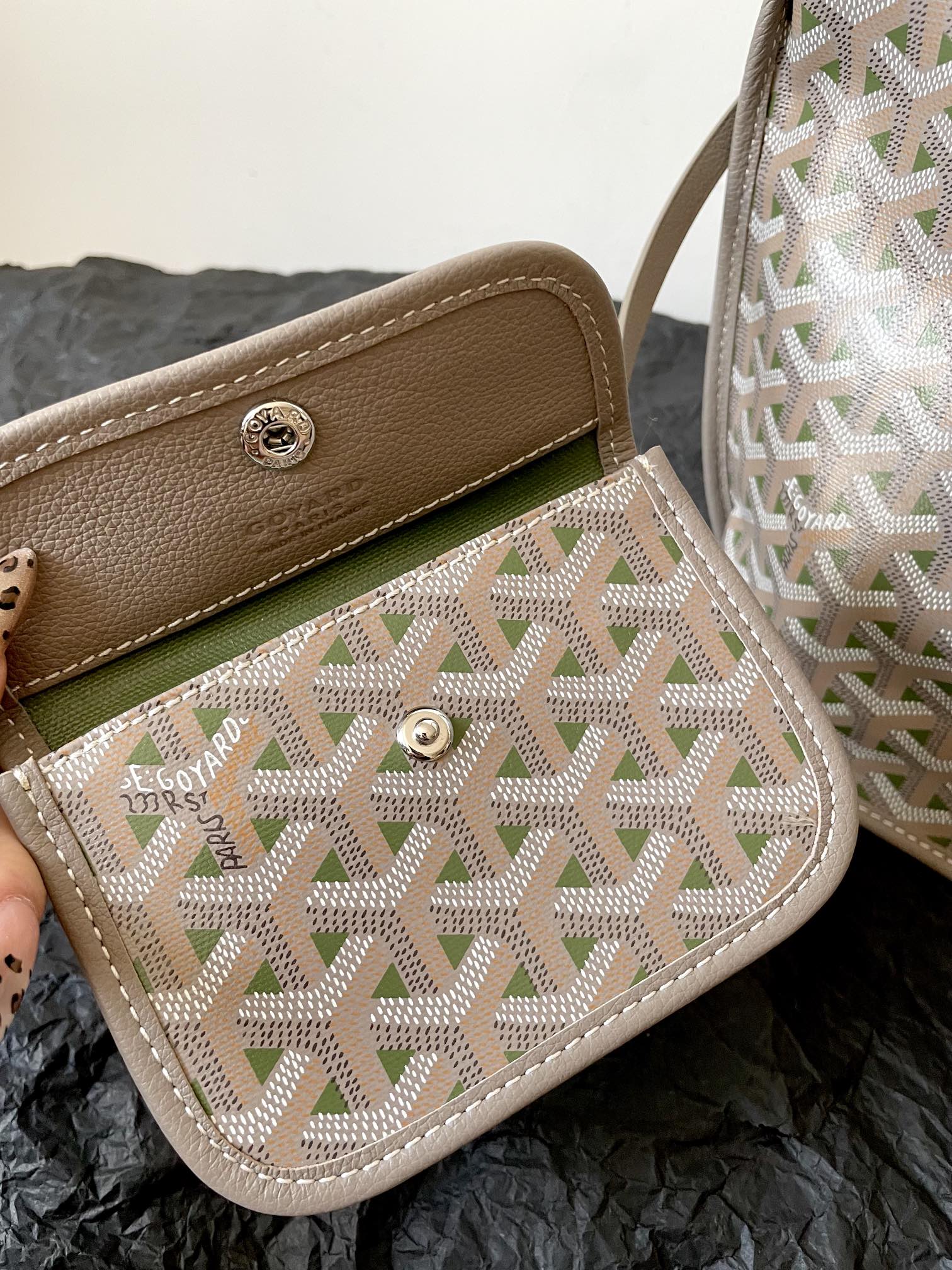 GOYARD ANJOU MINI BAG 20 IN GREY MIX GREEN GOYARDINE CANVAS AND CALFSKIN