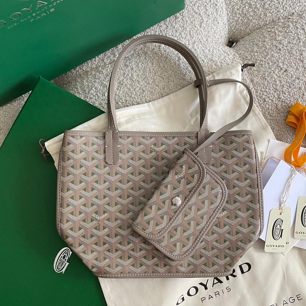 GOYARD ANJOU MINI BAG 20 IN GREY MIX GREEN GOYARDINE CANVAS AND CALFSKIN