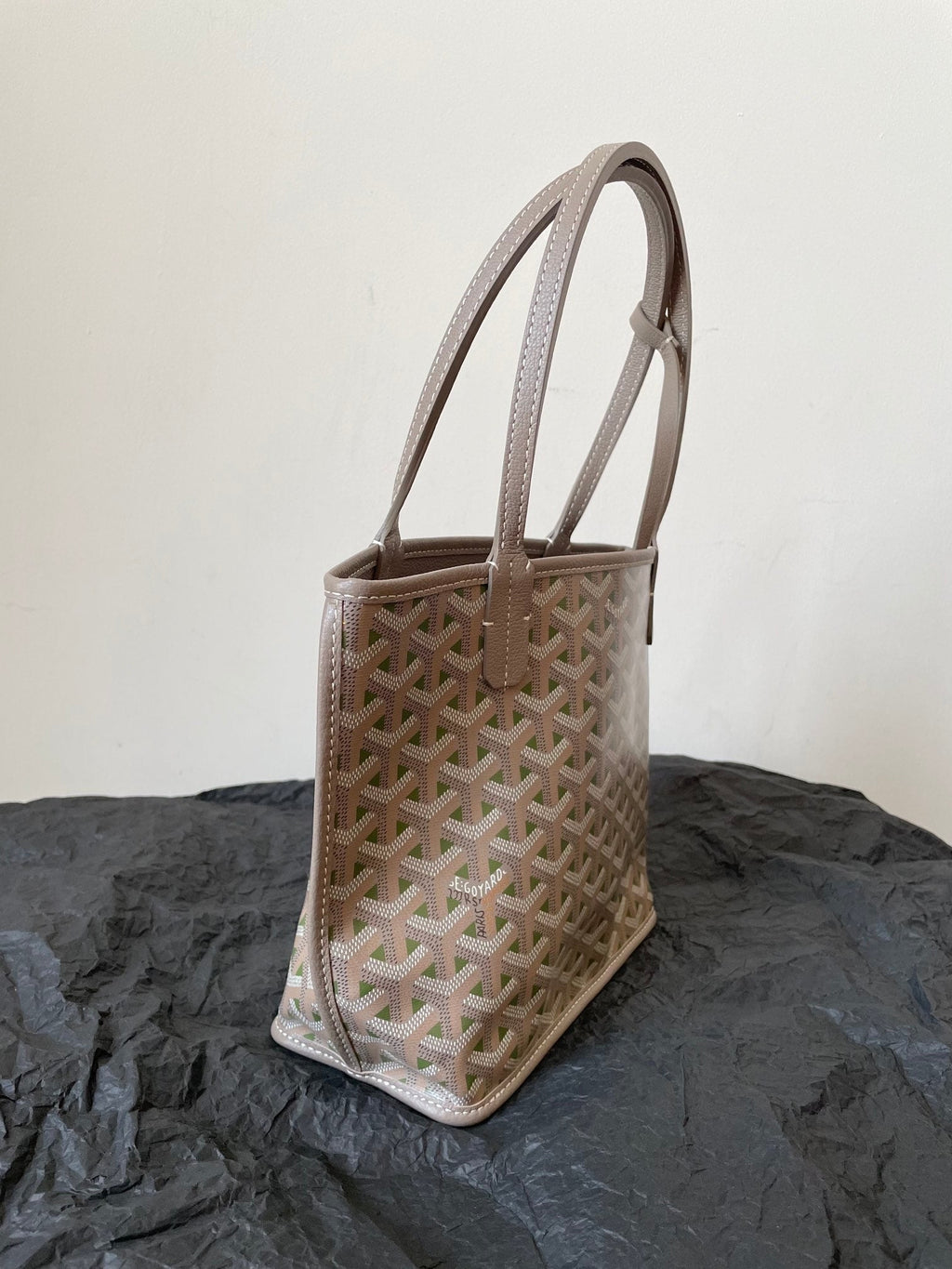 GOYARD ANJOU MINI BAG 20 IN GREY MIX GREEN GOYARDINE CANVAS AND CALFSKIN
