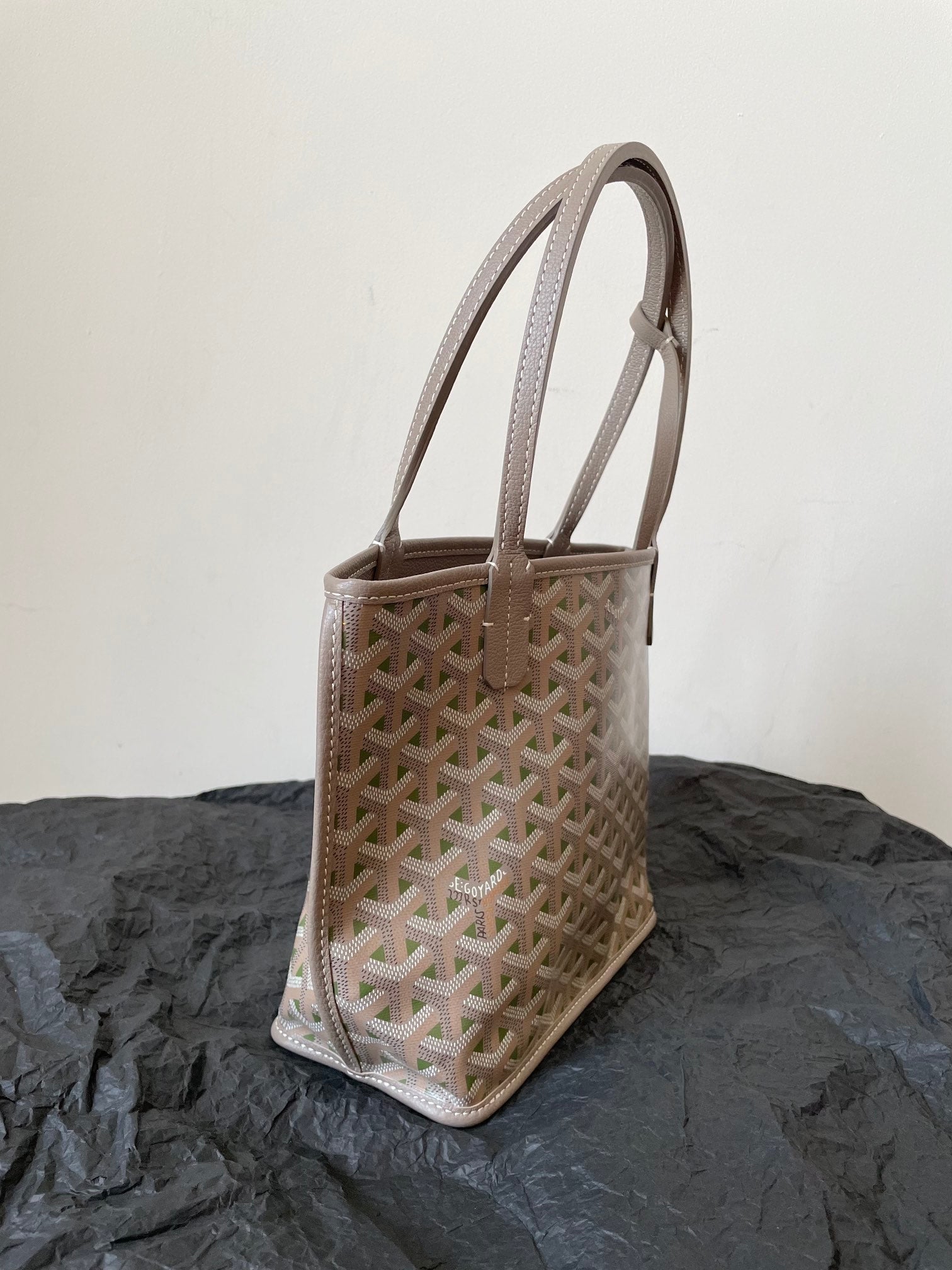 GOYARD ANJOU MINI BAG 20 IN GREY MIX GREEN GOYARDINE CANVAS AND CALFSKIN