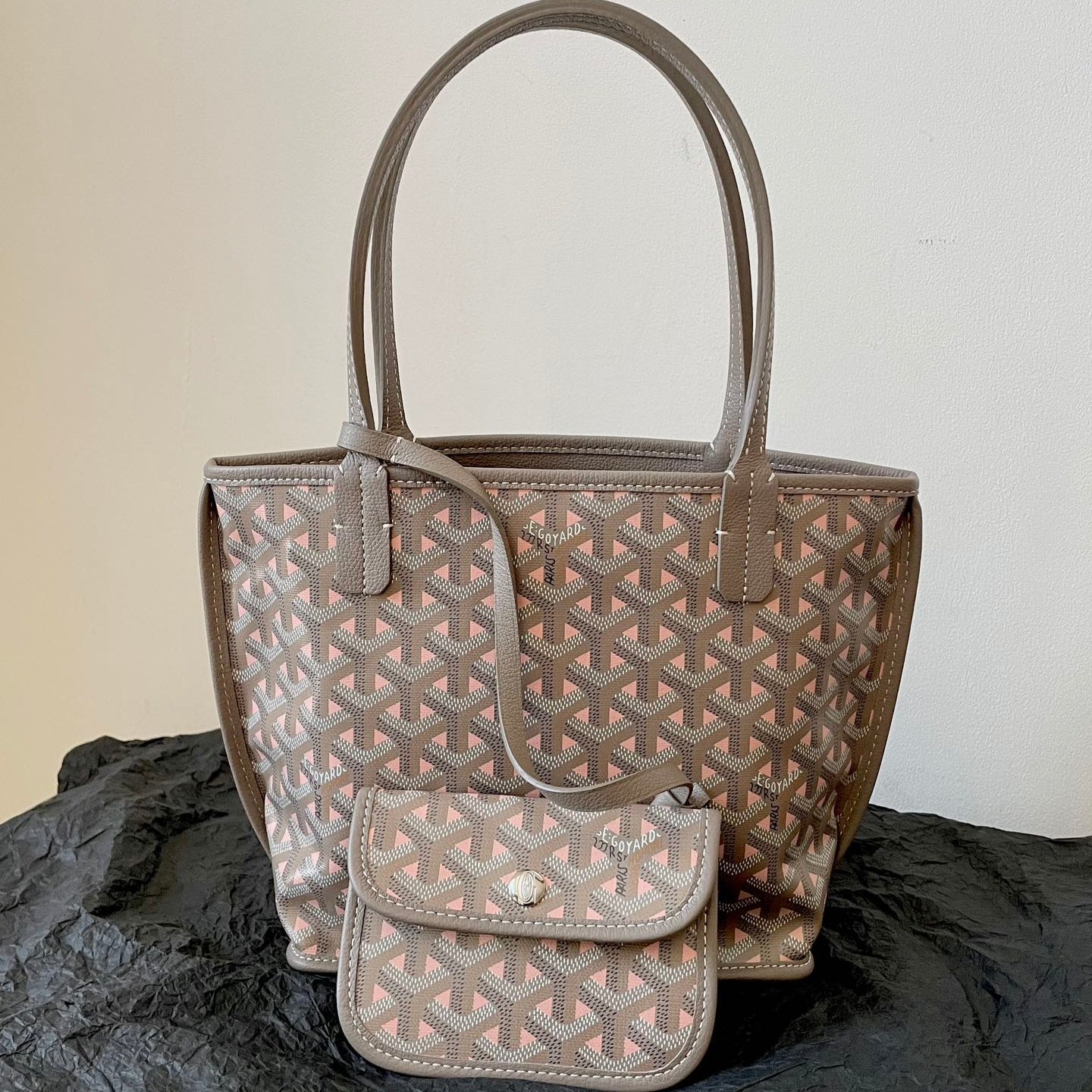 GOYARD ANJOU MINI BAG 20 IN GREY MIX PINK GOYARDINE CANVAS AND CALFSKIN