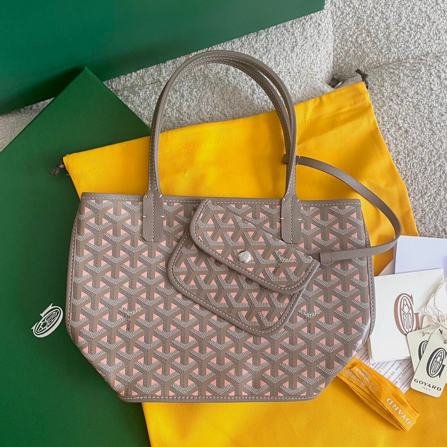 GOYARD ANJOU MINI BAG 20 IN GREY MIX PINK GOYARDINE CANVAS AND CALFSKIN