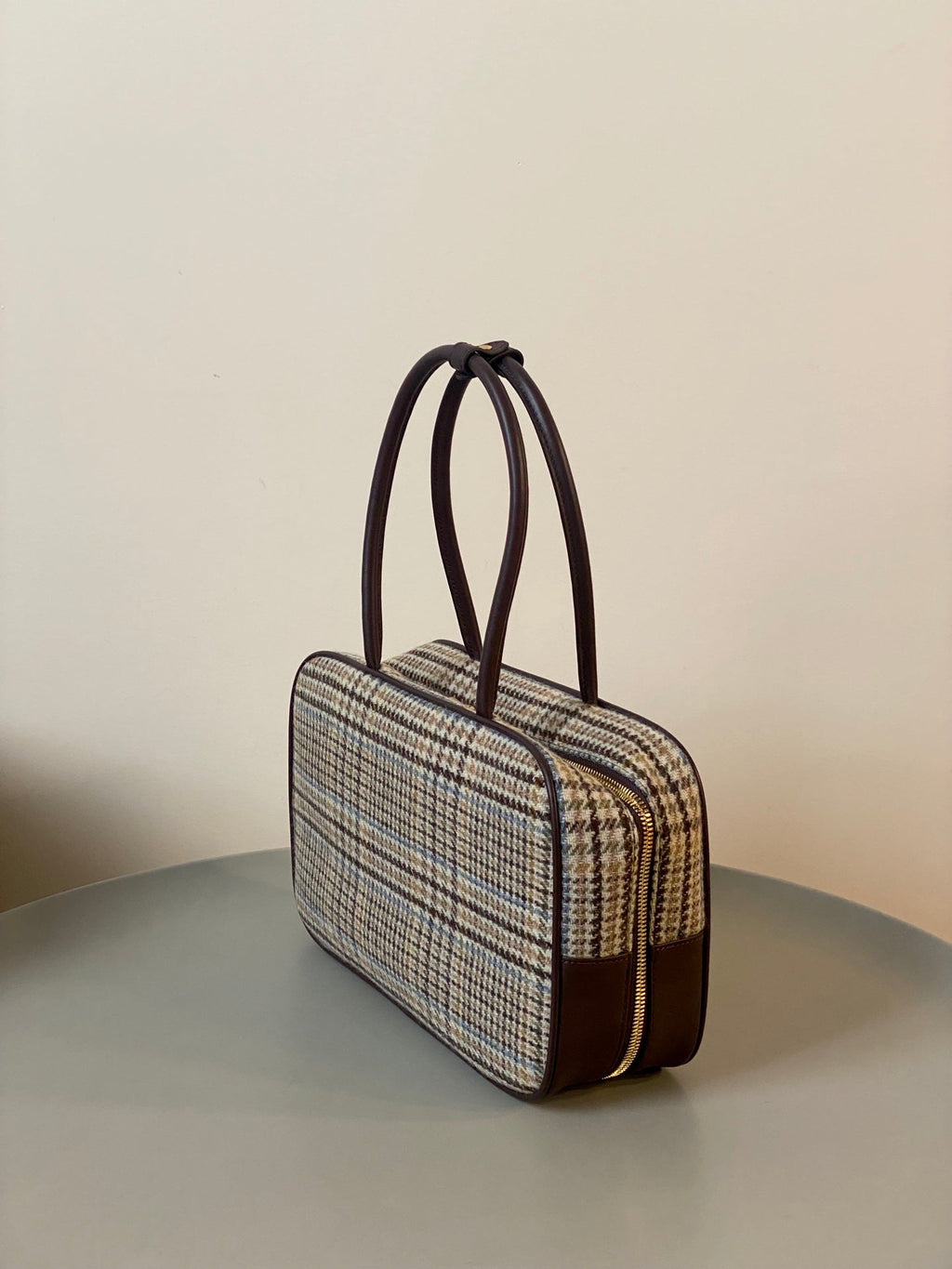 MIU MIU BEAU TOP HANDLE BAG 34 IN BEIGE TARTAN AND COCOA BROWN LEATHER TRIM