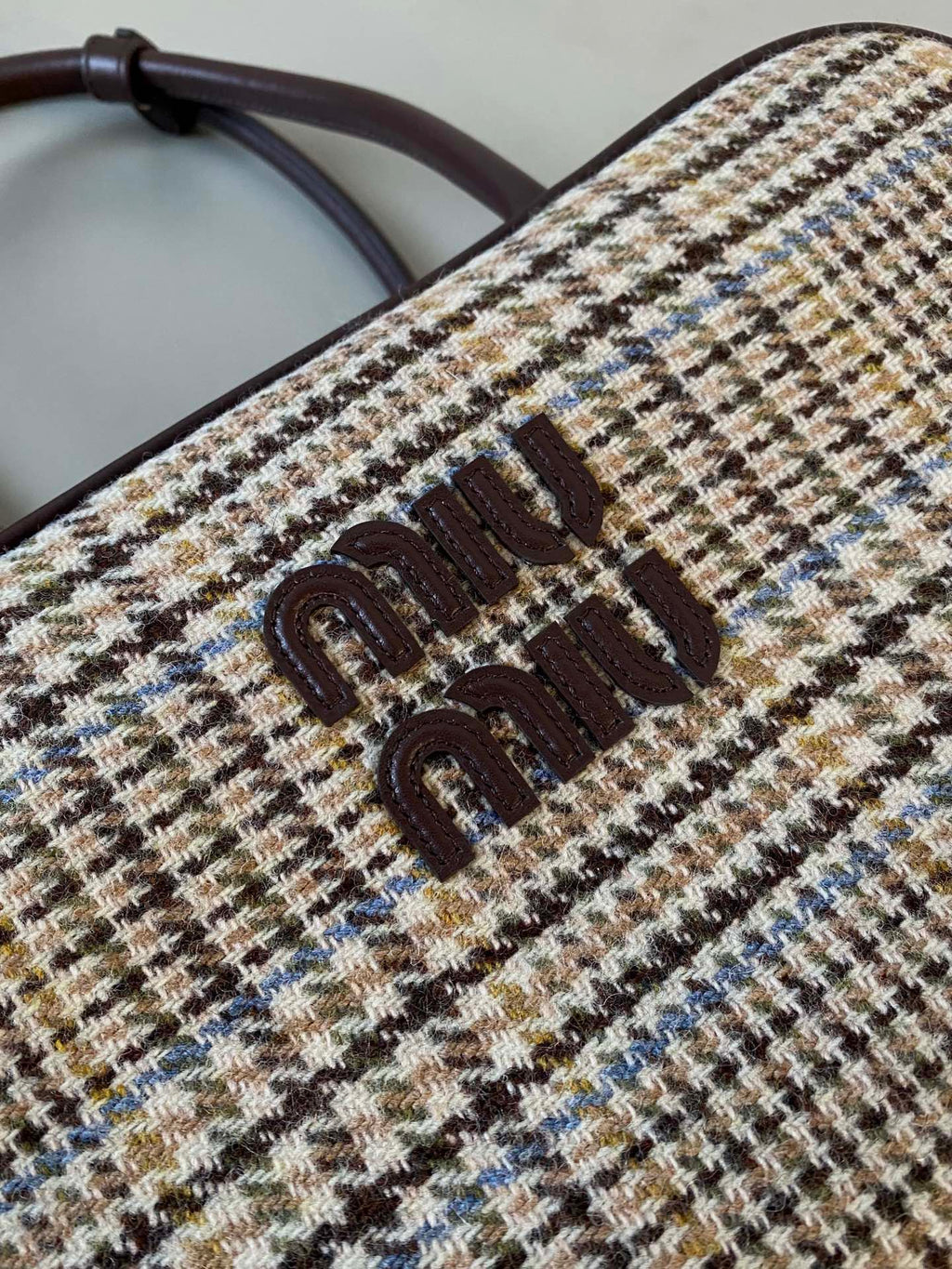 MIU MIU BEAU TOP HANDLE BAG 34 IN BEIGE TARTAN AND COCOA BROWN LEATHER TRIM