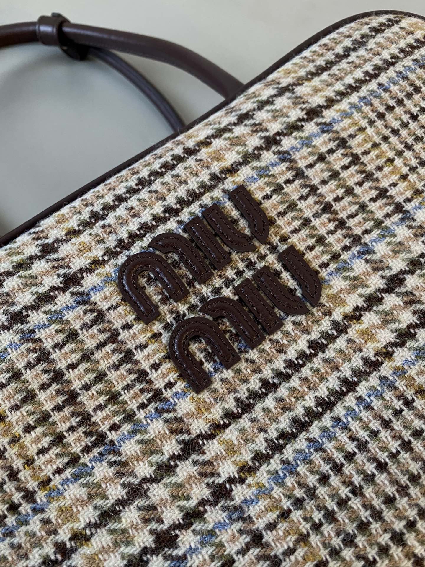MIU MIU BEAU TOP HANDLE BAG 34 IN BEIGE TARTAN AND COCOA BROWN LEATHER TRIM