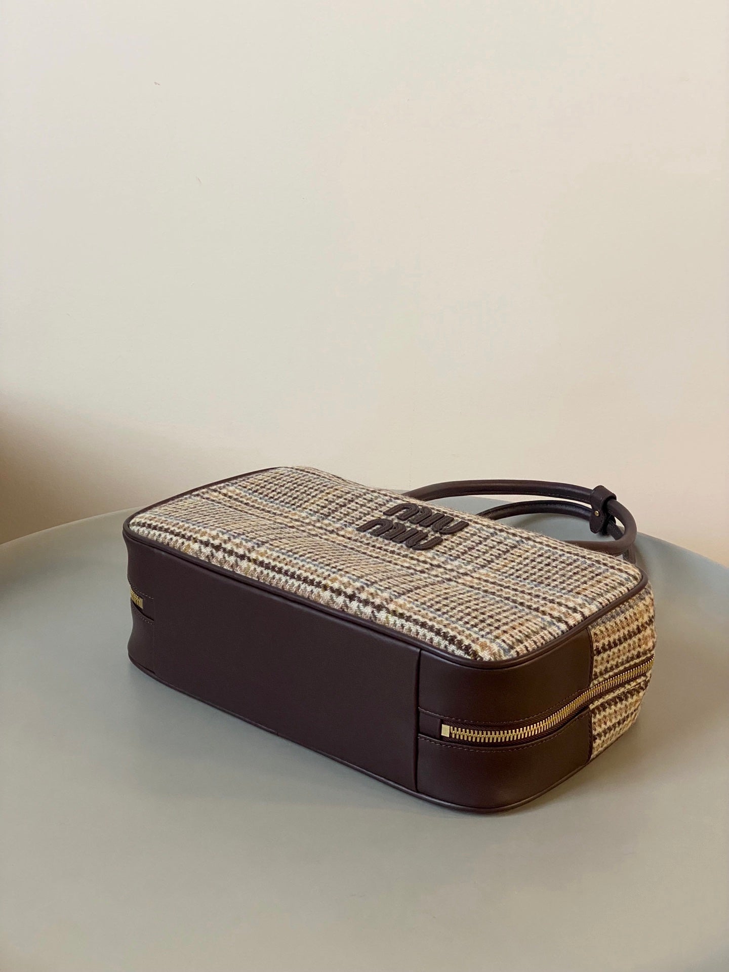 MIU MIU BEAU TOP HANDLE BAG 34 IN BEIGE TARTAN AND COCOA BROWN LEATHER TRIM
