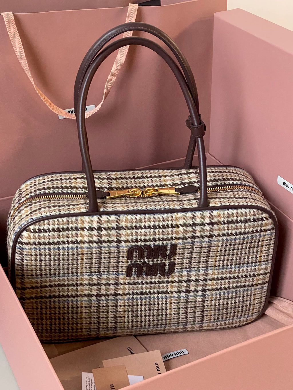 MIU MIU BEAU TOP HANDLE BAG 34 IN BEIGE TARTAN AND COCOA BROWN LEATHER TRIM