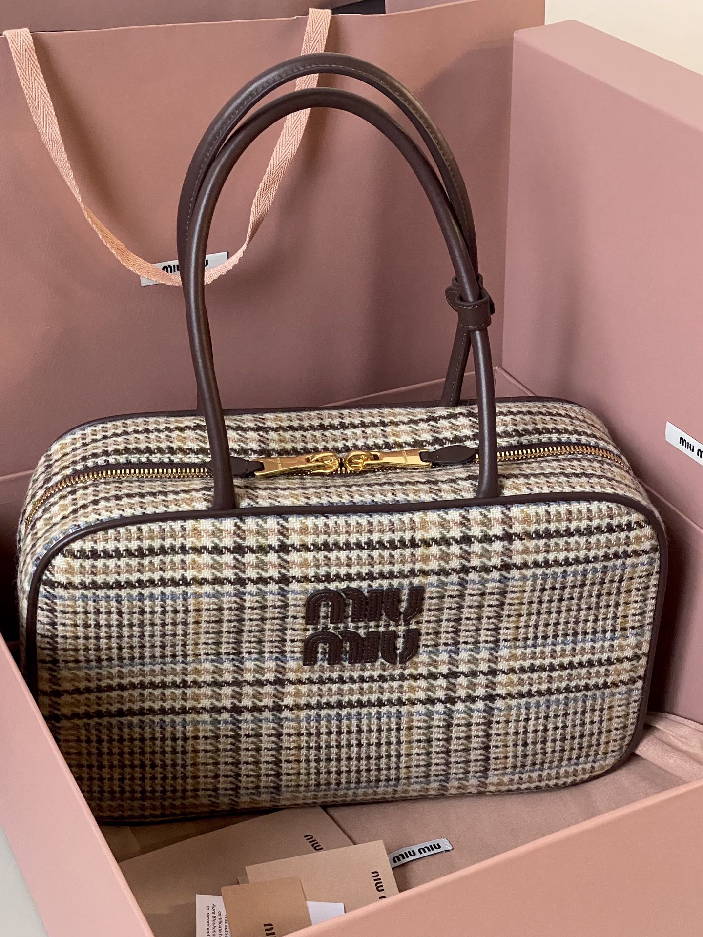MIU MIU BEAU TOP HANDLE BAG 34 IN BEIGE TARTAN AND COCOA BROWN LEATHER TRIM