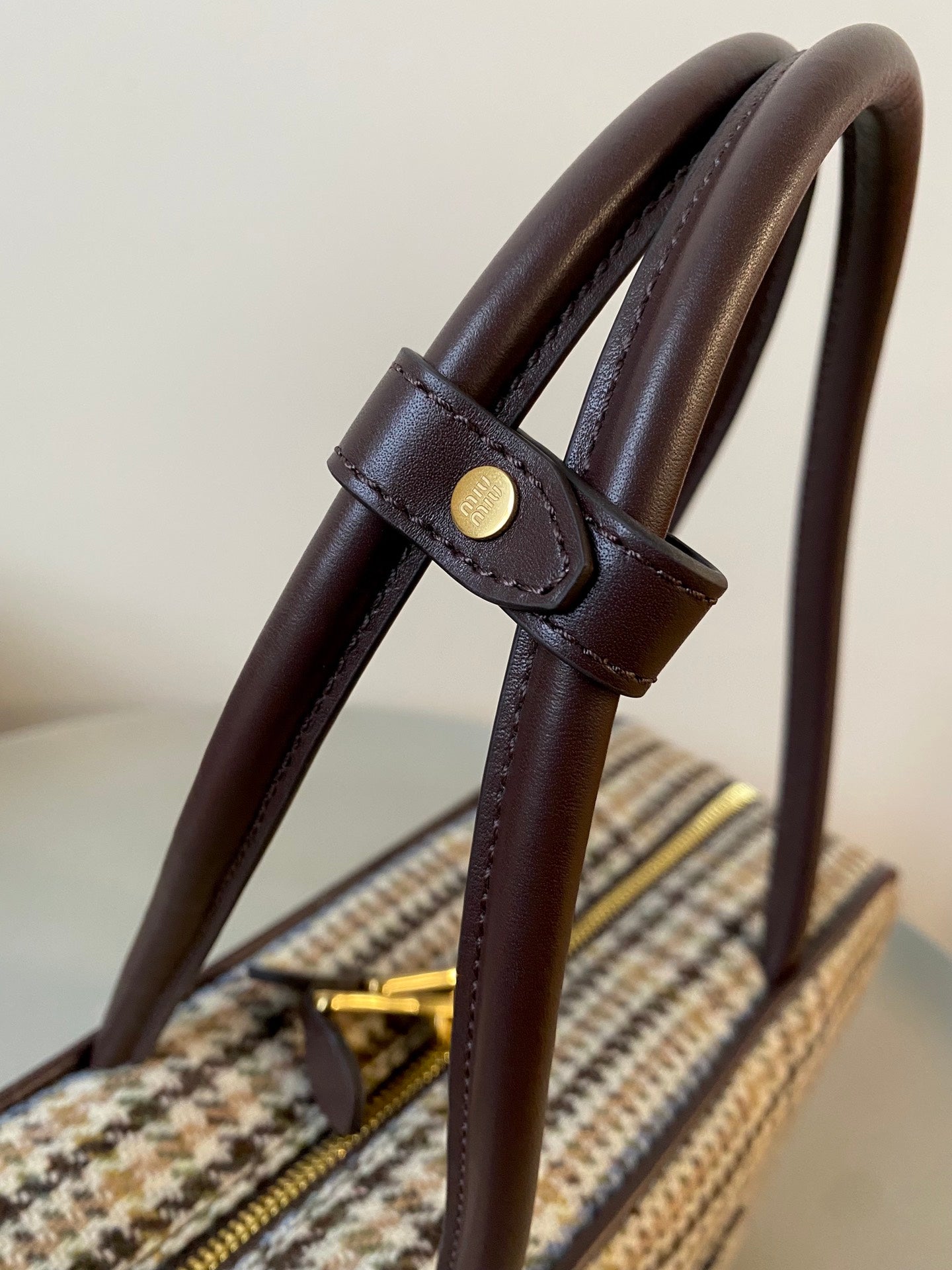 MIU MIU BEAU TOP HANDLE BAG 34 IN BEIGE TARTAN AND COCOA BROWN LEATHER TRIM