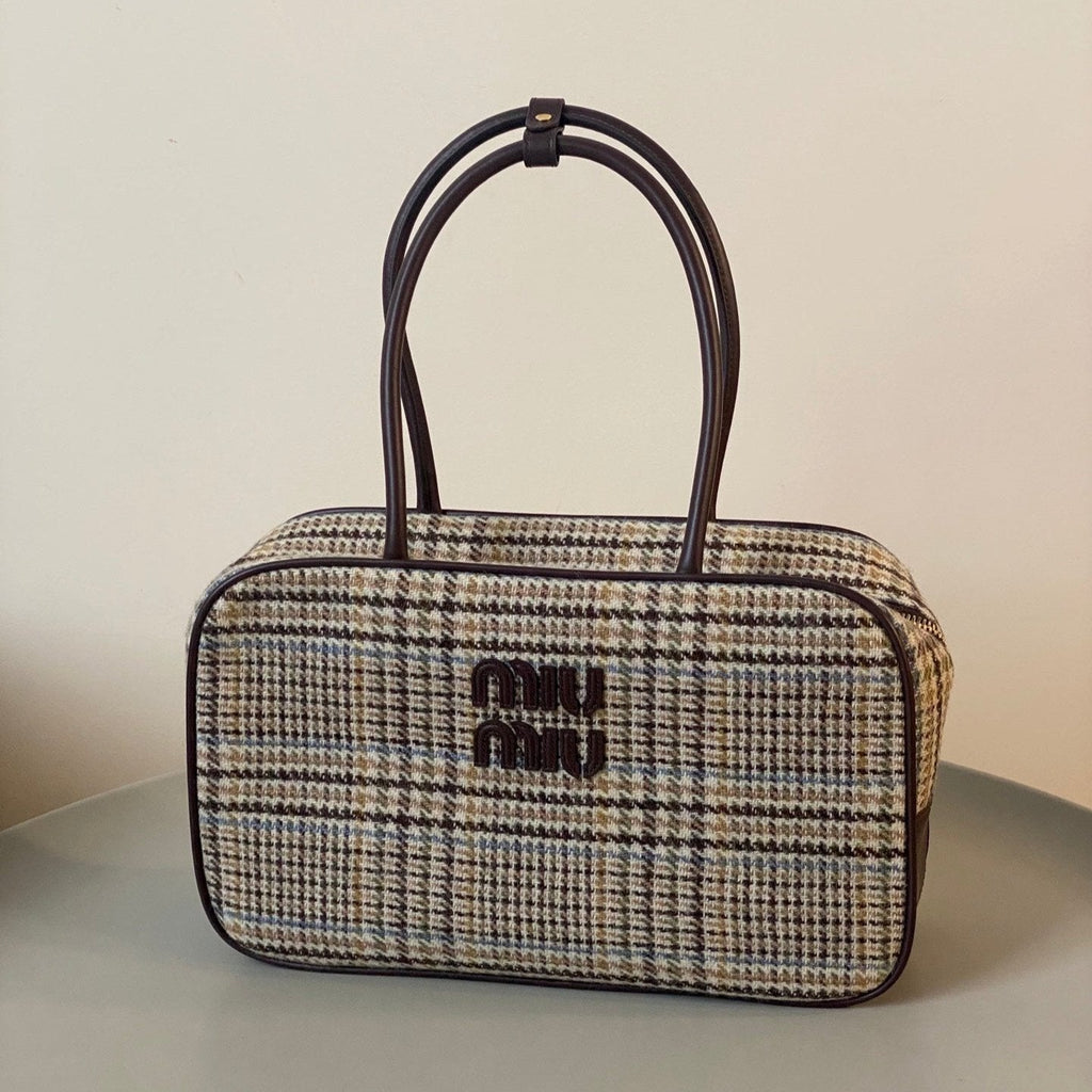 MIU MIU BEAU TOP HANDLE BAG 34 IN BEIGE TARTAN AND COCOA BROWN LEATHER TRIM
