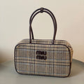 MIU MIU BEAU TOP HANDLE BAG 34 IN BEIGE TARTAN AND COCOA BROWN LEATHER TRIM
