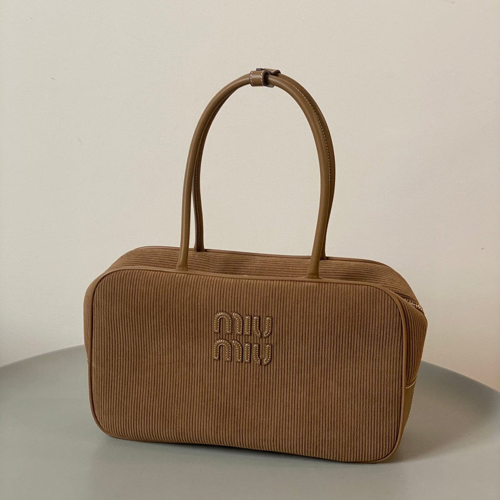 MIU MIU BEAU TOP HANDLE BAG 34 IN MEDIUM BROWN CORDUROY