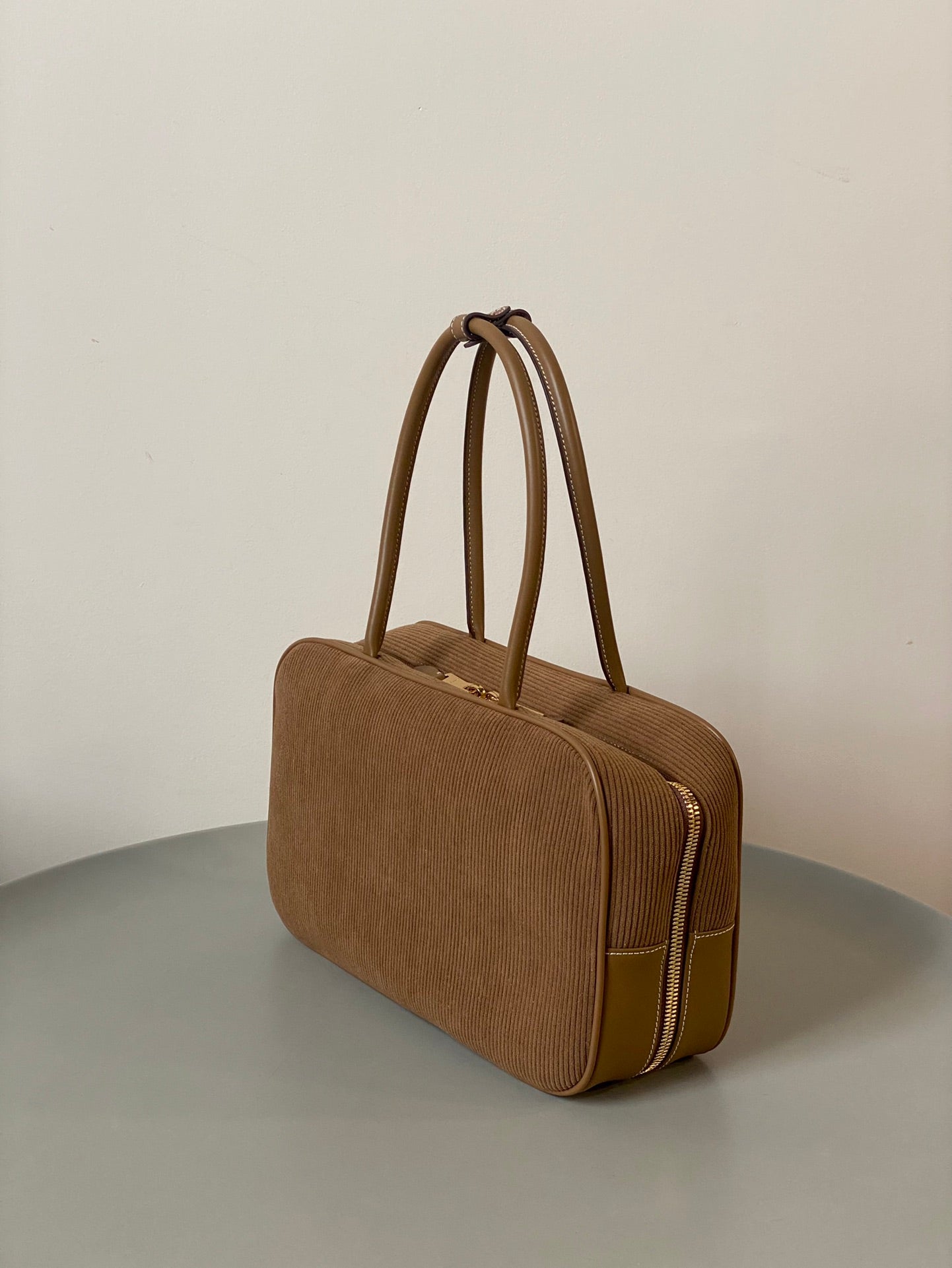 MIU MIU BEAU TOP HANDLE BAG 34 IN MEDIUM BROWN CORDUROY