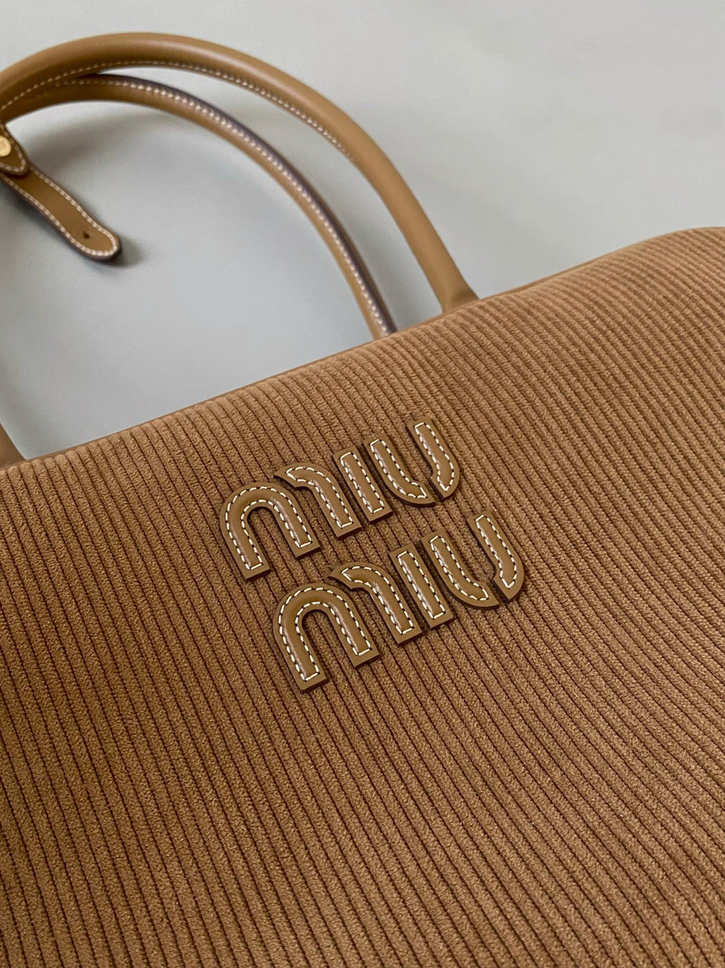 MIU MIU BEAU TOP HANDLE BAG 34 IN MEDIUM BROWN CORDUROY