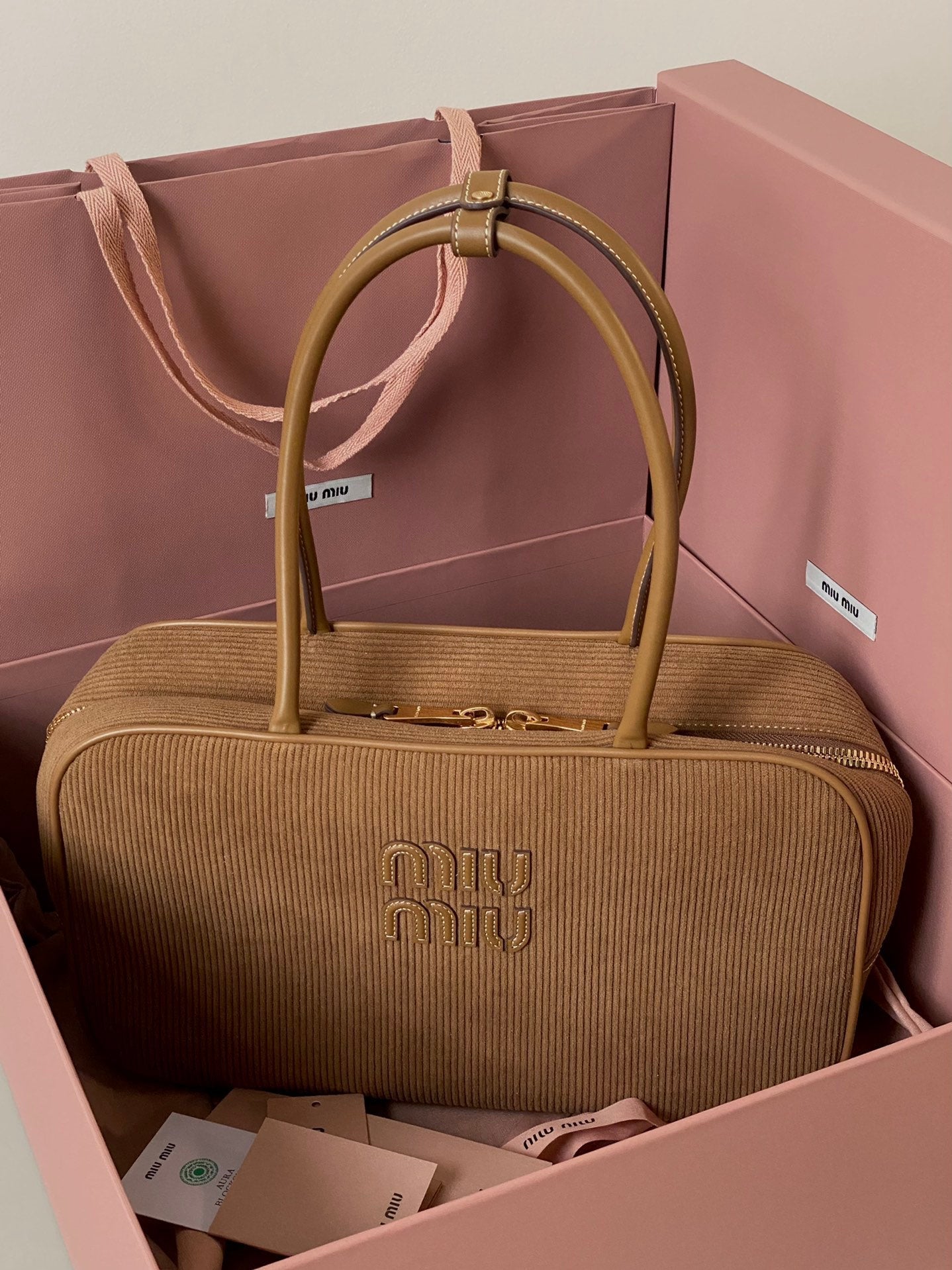 MIU MIU BEAU TOP HANDLE BAG 34 IN MEDIUM BROWN CORDUROY