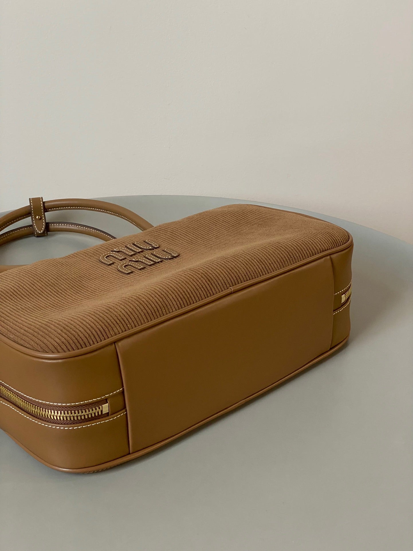 MIU MIU BEAU TOP HANDLE BAG 34 IN MEDIUM BROWN CORDUROY