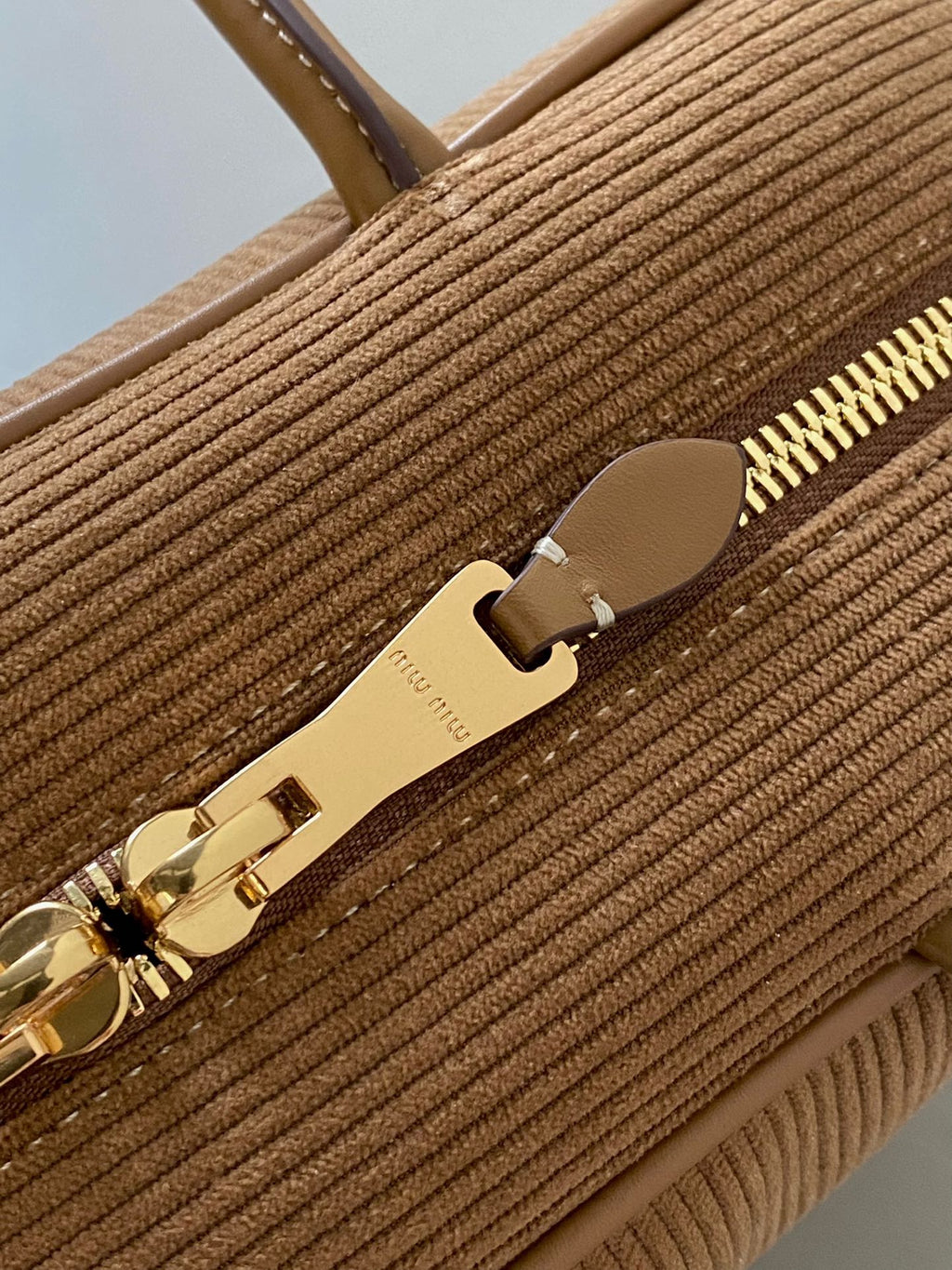 MIU MIU BEAU TOP HANDLE BAG 34 IN MEDIUM BROWN CORDUROY